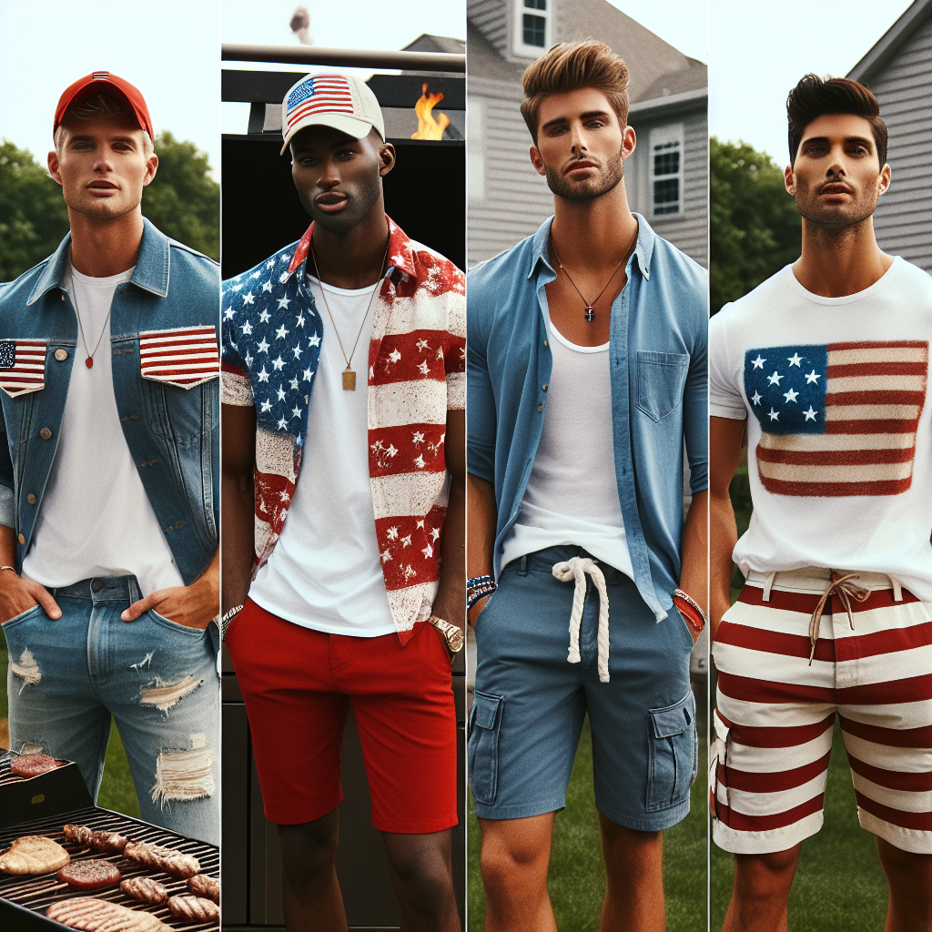 Picture this: An outdoor summer scene filled with grilling and celebration buzz. Four men of different descents: One Caucasian, one Black, one Middle-Eastern, and one Hispanic; each showcasing their fashionable and patriotic Fourth of July outfits. The first guy dons a classic blue denim jacket adorned with white stars, a casual white T-shirt underneath, and a bold pair of red chino shorts. The second man sports a red and white plaid collared shirt paired with navy blue jeans. The third man wears a trendy graphic t-shirt featuring American flag-inspired elements, coupled with cargo shorts. Lastly, the fourth guy is in a white polo shirt, khaki shorts, and a stylish cap with the American flag's emblem. All the outfits reflect the vibrant spirit of Independence Day while maintaining an air of style and sophistication.