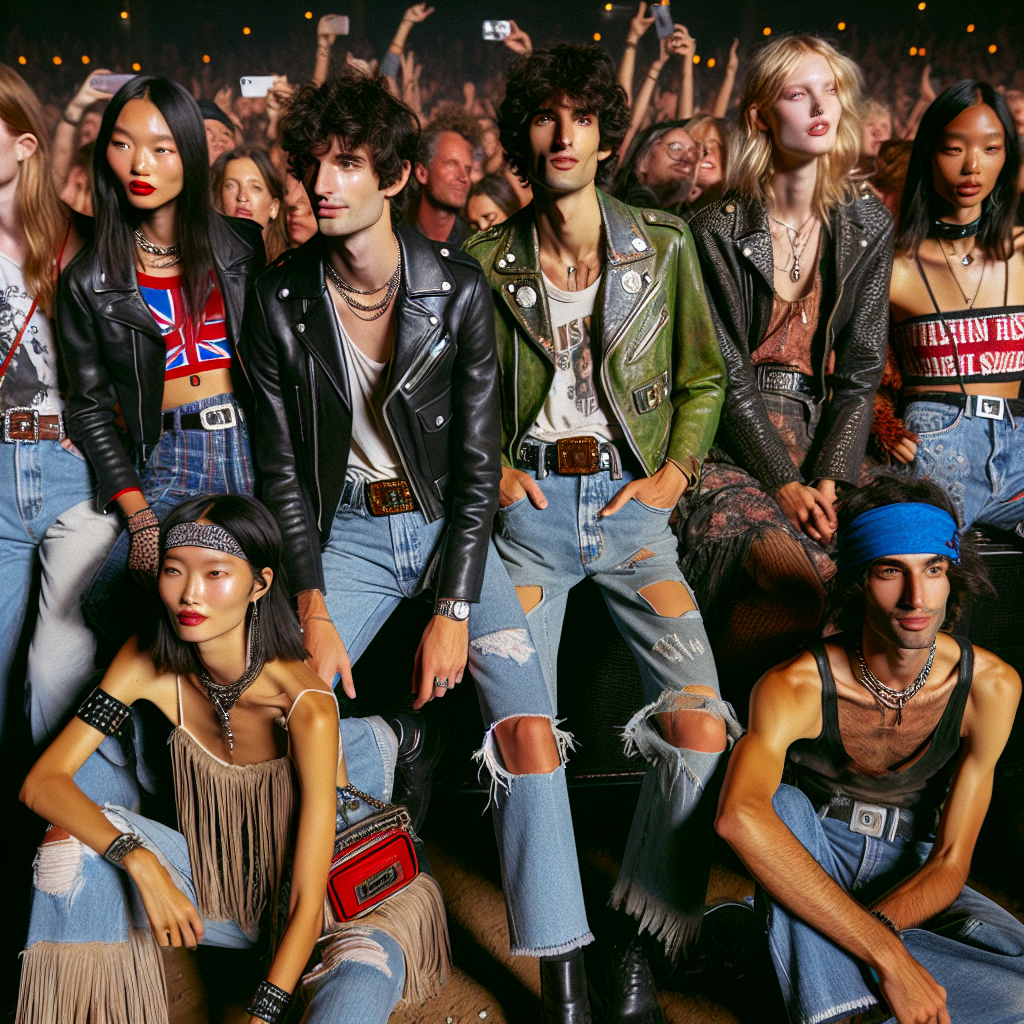 A stylish and chic gathering at a music concert, featuring individuals from different descents and genders. Picture the scene filled with vivid contemporary fashion trends with a distinct rock and roll edge, each reflective of the diverse audience. A group of individuals, a Caucasian woman in a classic leather jacket, a Hispanic man in a vintage band tee, a Black woman in a fringe skirt, a South Asian man in ripped jeans, and a Middle Eastern woman in a neon crop top, are all gathered, mutually reveling in the euphoria of the music.