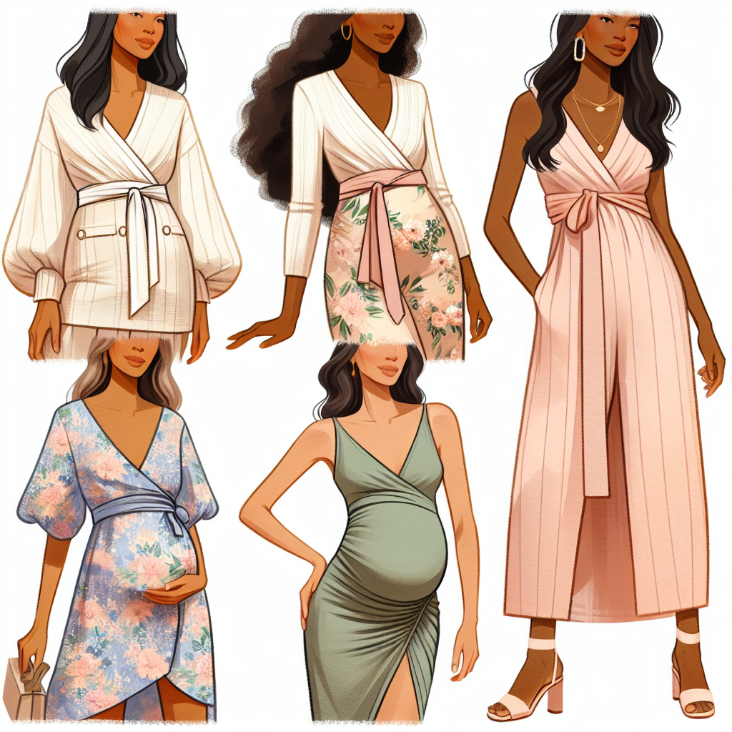 Illustrate a well-coordinated collage of stunning and effortless clothing choices appropriate for attending a baby shower. The clothing items should include a pastel colored wrap dress worn by a Hispanic woman, a floral print skirt and top ensemble on a Black woman, a comfortable maternity dress worn by a Caucasian woman who is pregnant, and a chic jumpsuit sported by a South Asian woman. The overall tone of the image should exude elegance and comfort, alluding to the joyous and welcoming atmosphere typical of baby showers.