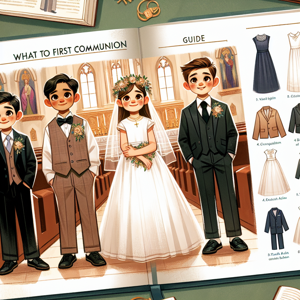 What to Wear for a First Communion: Exclusive Guide Illustrate a guide on what to wear for a first communion. Display a selection of appropriate attire for children of both genders, contrasting dressy and modest styles. Show a young Hispanic boy smartly dressed in a suit and tie, a Caucasian girl clad elegantly in a white dress and veil, and a South Asian boy in a formal ethnic attire. Ensure the depiction is respectful and tasteful, highlighting the importance of the occasion. In the backdrop, introduce a serene church setting to provide context. An open guide book at the forefront, displaying fashion sketches and tips can add more relevance.