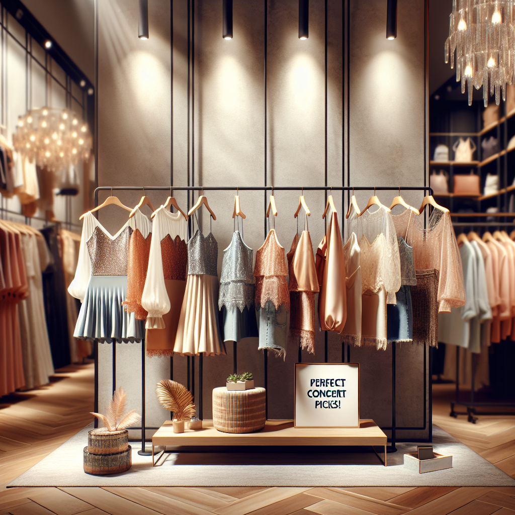 Picture a well-lit, upscale boutique-fashion store, with a dedicated wall displaying an array of stunning tops, perfect for pairing with skirts. The tops range from trendy, modern designs to classic, timeless pieces. Show a few of them being youthful and vibrant, perfect for a music concert. Include a decorative sign nearby that says, 'Perfect Concert Picks!'. The surroundings should be sophisticated and stylish with a trendy ambiance, projecting a chic shopping experience. Display the textures and colors of the garments in detail, capturing the aesthetic appeal of the collection.
