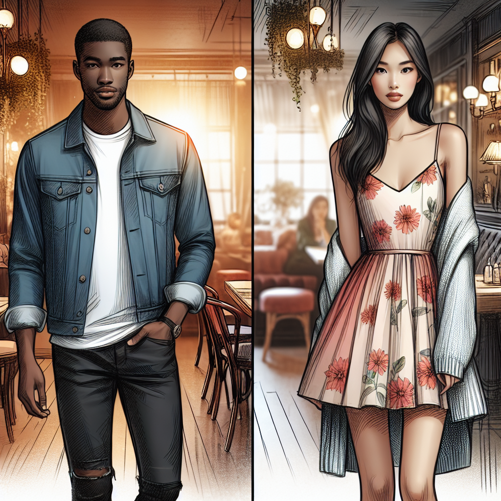 Stunning Attire Choices for a First Date – Find Your Match! Imagine a scene displaying a variety of clothing options suitable for a first date. To the left, spotlight a male model of Black descent, showcasing a trendy, casual outfit featuring a classic denim jacket, a fitted white T-shirt, and a pair of black jeans. To the right, focus on a female model of Asian descent, elegantly dressed in a stylish, floral-print sundress paired with a light cardigan. The background subtly hints at a romantic setting with a cozy café ambiance. Complement the scene with vibrant colors to emphasize the excitement of a first date.