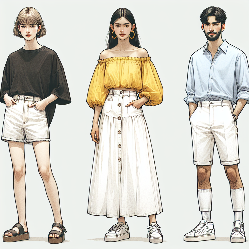Create a detailed image of three different outfit ideas for a white denim skirt. The first look includes a loose black t-shirt and brown leather sandals, worn by a young Caucasian woman with short blond hair. The second style illustrates a young Middle-Eastern woman with long black hair, wearing a vibrant yellow, off-shoulder top and white platform shoes. The third outfit features a South Asian man with a neat beard and combed-back hair, wearing a pastel blue buttoned shirt, white high-top sneakers, and the white denim skirt. The figures are standing against a simple neutral background.