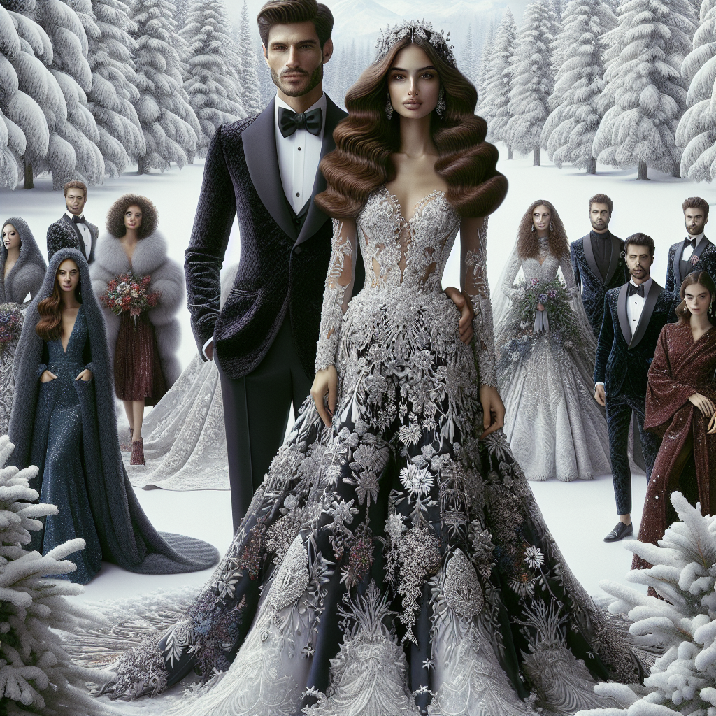 Imagine a picturesque winter scene, filled with the beauty of freshly fallen snow. Central to this scene is a multi-tiered wedding setting. The bride, of Hispanic descent with long, flowing chestnut hair, is stunning in her winter-themed wedding dress, adorning ornate silver embellishments and delicate lace designs, resembling icicles and snowflakes. Her groom, of Middle-Eastern descent with a neatly trimmed beard, is equally resplendent in a tailored suit of plush navy wool. Around them, wedding guests of various genders and descents present a spectrum of elegant winter outfits, drawn from rich dark tones and textures, further accented by vibrant pops of jewel tones.