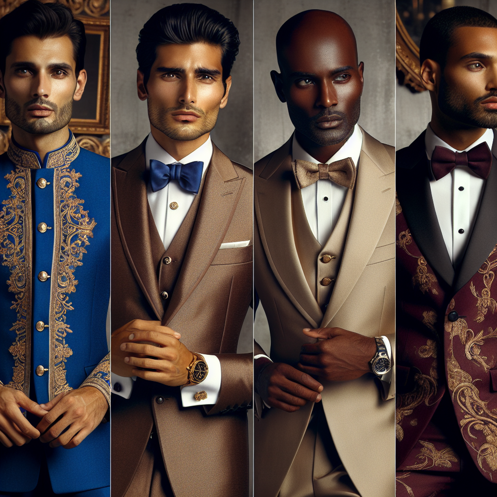 Stunning Outfits for 50-Year-Old Men at Weddings Imagine a series of beautifully attired 50-year-old men at a wedding reception. The first man, of South Asian descent, is clad in a royal blue bandhgala suit with ornate golden embroidery. Second, a Hispanic man impeccably suited in a champagne-colored three-piece suit, accessorized with a vintage pocket watch. Third, a Caucasian man sports a charcoal grey Italian cut tuxedo, complete with bow tie and cufflinks. Lastly, a Black man exudes elegance in a sharply tailored burgundy dinner jacket with black trousers. All poised and radiating confidence.