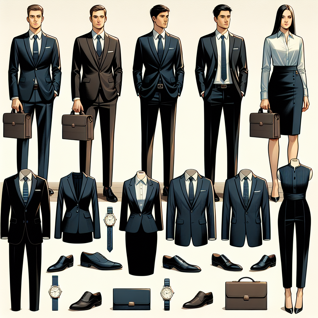 Visualize a selection of must-have professional outfits for job interviews. Display an array of formal wear including a well-fitted black suit with a crisp white shirt and silk tie on a Caucasian male, a sleek navy business dress with matching blazer on a Hispanic female and a traditional South Asian kurta pajama set on a South Asian male. Complement each outfit with appropriate accessories like watches, leather bags, and polished shoes. It would be nice to see these individuals confidently preparing in a brightly lit dressing room with mirrors. Make sure to capture the essence of elegance and professionalism in this scene.