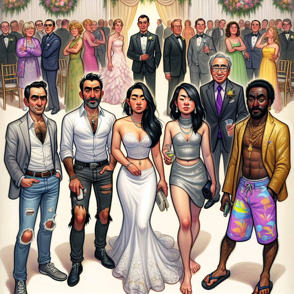 Visualize an insightful scene at an elegant wedding. There are various missteps made by some of the guests in their choices of attire. One man, of Hispanic descent, dons a casually unbuttoned shirt and torn jeans, contrasting with the formal setting. An Asian woman in a white dress draws raised eyebrows due to the similarity to a bride's gown. Another guest, a Middle-Eastern man, wears overly flashy clothes with lots of glitter and gold. A woman of Black ancestry sporting neon colours, distracting from the bride and groom. Finally, depict a Caucasian man arriving in his laid-back beach attire, flip flops included. These odd choices stand out in a sea of well-dressed guests in appropriate formal attire.