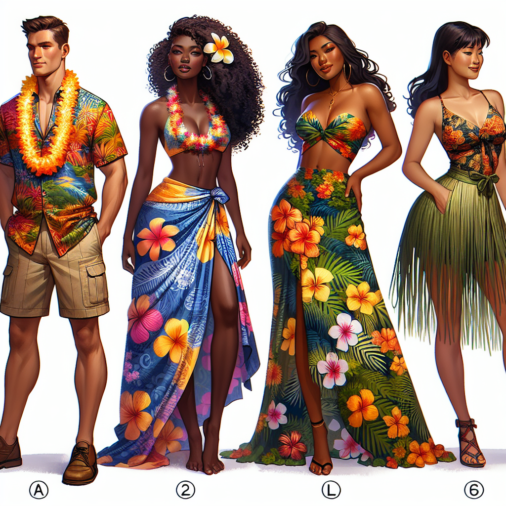 Stunning Luau Outfits for Every Body Shape Imagine an array of vibrant, tropical luau attire for a variety of body shapes. The first model, a tall and slender Caucasian male, is gracefully outfitted in a traditional Hawaiian shirt full of bright colors and floral patterns, paired with khaki shorts. The second representation is a curvaceous Black woman donning a beautiful sarong with tropical flowers and fern patterns, complimenting her figure. The third ensemble displayed is worn by a petite Asian female wearing a flowy sundress with a Hawaiian print, truly encapsulating the feel of a summer luau party. These are diverse examples of stunning outfits for any body shape at a Hawaiian luau.