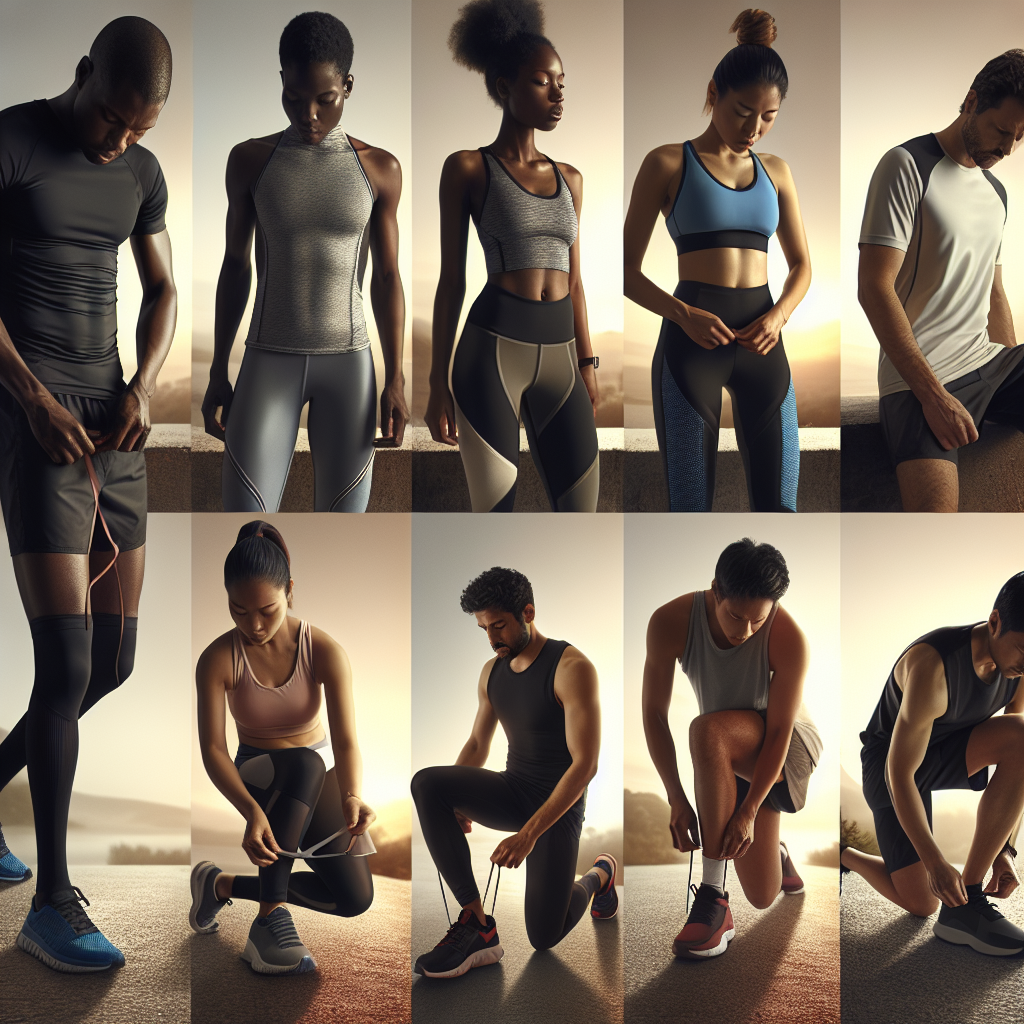 Effortless Marathon Outfits: What to Wear for Stamina Imagine a group of various people prepare for a marathon in their most comfortable outfits designed for enhancing stamina. First, a Black man is tying his lightweight running shoes tightly. Next, a Hispanic woman is adjusting her breathable high-performance leggings paired with a moisture-wicking tank top. Nearby, a Middle-Eastern man is buttoning up his friction-free running shirt, while a South Asian woman is pulling on her flexible running shorts, plus an elasticized sports bra for optimal support. The scene is set on a calm early morning with a hint of first light breaking at the horizon.