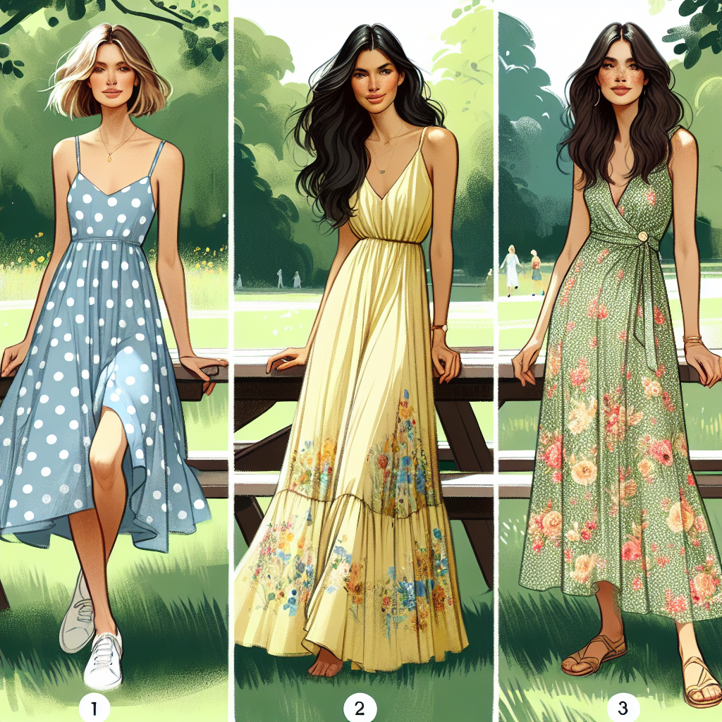 Illustrate a tranquil outdoor scene in a lush green park, with three women each showcasing a different style of dress perfect for picnic outings. The first woman, of Caucasian descent, wears a playful polka-dot sundress. The second woman, who is of South Asian descent, sports a soft, breezy maxi dress in a bright color. The third woman, of Hispanic origin, dons a floral printed A-length dress. Their effortless style embodies the casual yet chic vibe perfect for enjoying a sunny day in the park.