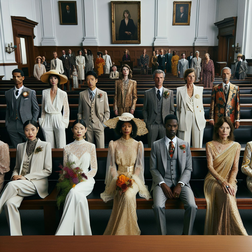 Imagine a bustling courtroom elegantly transformed into a wedding setting. An array of diverse people, each wearing sophisticated yet unconventional wedding attire, fills the scene. An Asian female is wearing an elegant white jumpsuit with a lacy, wide-brimmed hat. A Hispanic male elegantly dressed in a grey three-piece suit with a vibrant boutonniere. A Middle-eastern lady is dressed in a gold-infused sari, modern yet traditionally rooted. A black male wearing a sleek velvet suit, an embodiment of classy modernity. An elder Caucasian lady dressed in an elegant gown with intricate detailing, reminiscing traditional wedding outfits. Their outfits reflect personal style while nodding to the solemn, civic nature of a courthouse wedding.
