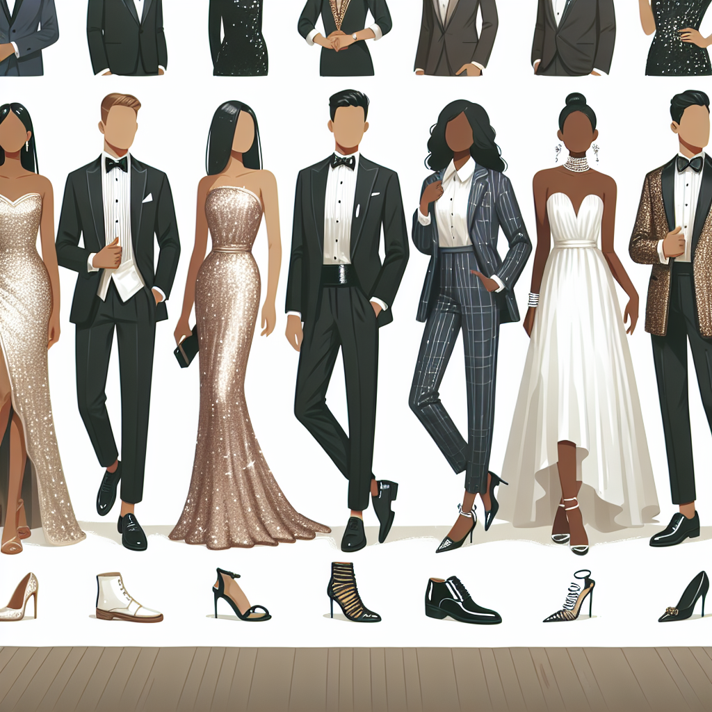 Visualize a comprehensive style guide for a Gala. Depict various styles including, elegant gowns, chic tuxedos, refined shoes, and sophisticated accessories. Show a mix of people, perhaps a South Asian woman in a sequined gown, a Hispanic man in a sleek black tuxedo, a Black woman in a sophisticated white dress, and a Caucasian man in a richly adorned suit, each wearing their choice of fittings. Feature some tips or guidance on finding the perfect fit. Keep the overall vibe classy and fitting for a grand gala event.