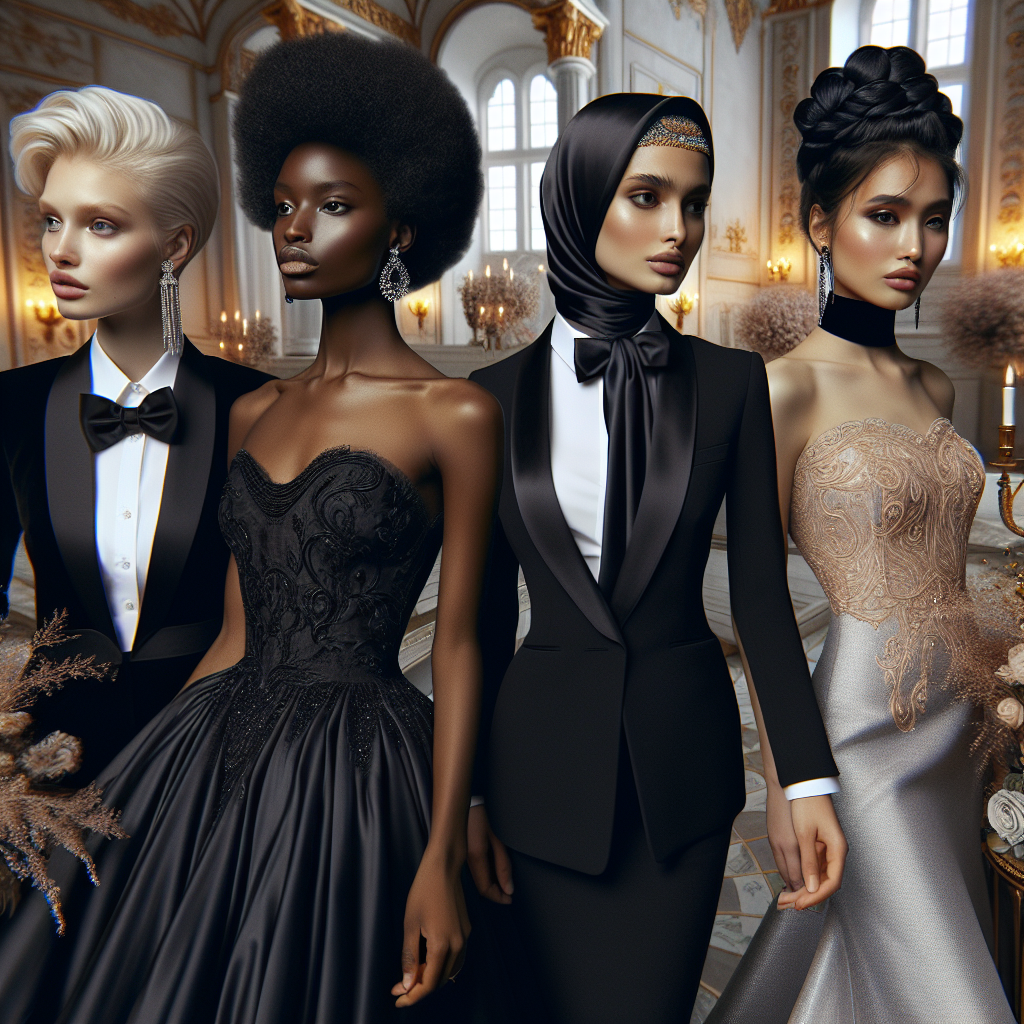 A captivating scene showcasing four women in black tie attire, each exhibiting effortless elegance. To imbue the setting with diversity, one woman is Caucasian with platinum blonde hair styled in a slicked-back chignon, another lady is Black with a natural Afro, the third woman is Middle-Eastern sporting a stylish hijab, and the fourth is South Asian with a cascading waterfall braid. Their dresses range from classic black gowns to inventive, modern silhouettes. Include elements alluding to the luxuriousness of the occasion like a grand staircase, opulent chandeliers, and decadent floral arrangements.