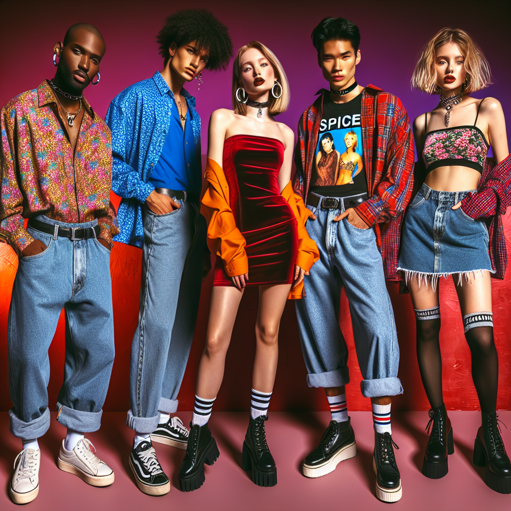 Visualize a high-fashion setting focused on 90s party styles. Picture a variety of individuals modeling this period's exceptional outfits. An African male wearing baggy jeans and a vivid, patterned button-down shirt paired with classic sneakers. A Caucasian woman in a sleek velvet mini dress paired with chunky platform shoes and choker necklace. An Asian man sporting a grunge-inspired look with a flannel shirt tied around his waist, graphic tee, and worn-out jeans. And lastly, a Hispanic woman modeling a spice girl themed outfit with a bright crop top and high-waisted wide-leg trousers. These scenes are set in a vibrant party setting reminiscent of the 90s era.