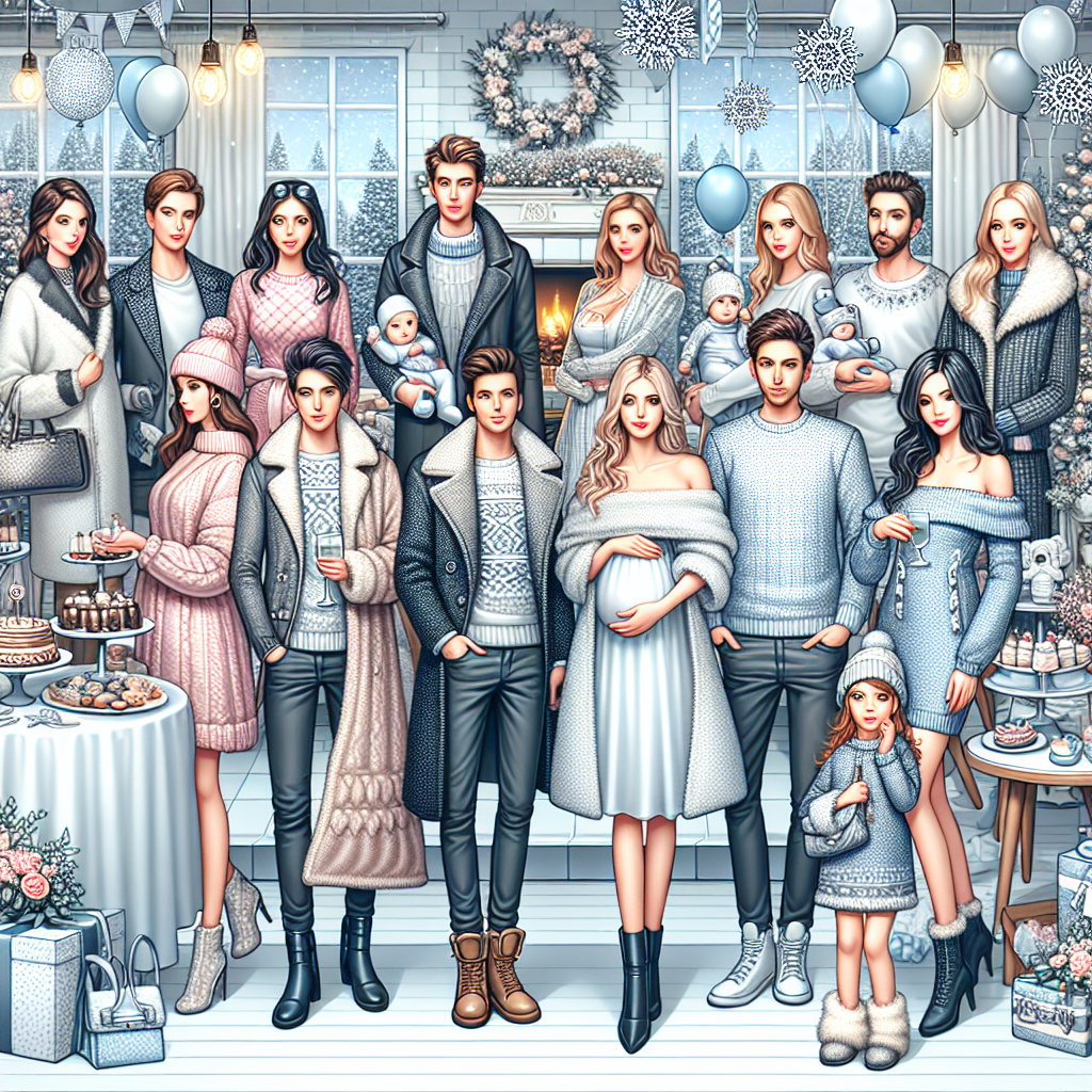 Picture a detailed winter scene set indoors. The main focus is a group of individuals attending a baby shower. Each person has a unique style and is wearing an elegant winter outfit. The attendees comprise a diverse set of individuals, with multiple genders represented - men in stylish winter sweaters and women in chic, warm dresses, and all are wearing comfortable yet fashionable winter boots. Amidst this cozy ambiance, there are festive decorations including balloons and snowflakes, a fireplace putting out gentle heat, and a table full of delicious winter treats and florals.