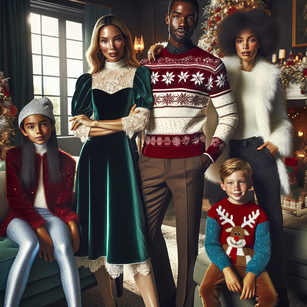 Must-Have Outfits for a Family Christmas Party Imagine a detailed scene of a well-decorated room vibrant with Christmas decor. A South Asian mother is present, wearing an elegant dark green velvet dress with delicate lace trimmings. Near her, an African father is adorned in a deep red festive sweater, embellished with snowflake patterns, pairing with classic black dress pants. Their daughter, a confident, stylish mixed-race teenager, is looking cozy yet fashionable in a white faux fur coat, electric blue leggings, and a silver sparkly beanie. The young Caucasian boy, their son, sports a cute reindeer themed sweater in a passionate red with light brown corduroy pants. The whole image brims with warmth, love, and festive holiday spirit.