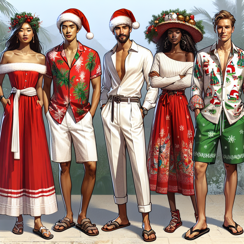 Imagine a festive and elegant gathering for a Christmas in July party. The scene displays a variety of eye-catching outfits designed for the warm weather keeping the spirit of Christmas alive. On the left side, an Asian woman is wearing a red sleeveless dress with white trim, accessorized with a Santa's hat and sandals. Next to her, a Middle-Eastern man is rocking an ensemble of white linen pants with a green tropical print shirt and a Christmas-themed beach hat. In the middle, a Black woman displays a trendy off-shoulder white blouse paired with a red floral skirt and a matching flower crown. Last but not least, a Caucasian man is wearing a buttoned short-sleeved shirt featuring quirky holiday prints coupled with khaki shorts and flip-flops.