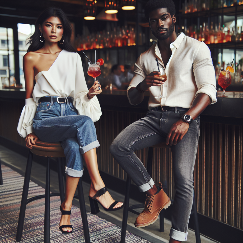 A stylish South Asian woman and an elegant Black man dressed in effortlessly stunning casual attire for a drinks date. They are both dressed in visually appealing clothes which suggest a balance between comfort and style. The woman is wearing a chic one-shoulder top paired with high-rise jeans and peep-toe sandals, accessorized with a cocktail ring. The man, on the other hand, is donning a relaxed cotton button-up shirt with rolled-up sleeves revealing a wristwatch, paired with dark denim jeans and chukka boots. They are seen with glasses of colorful cocktails in a chic urban bar.