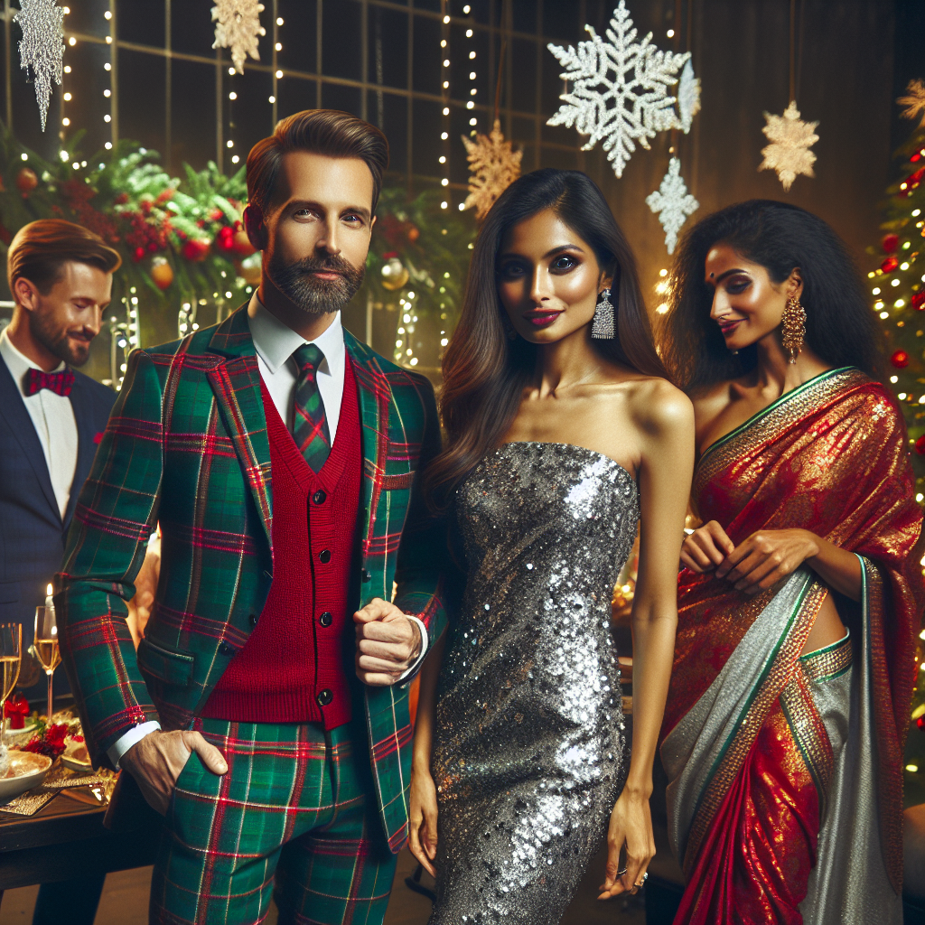 Depict a festive setting where multiple well-dressed employees are attending a company Christmas party. A Caucasian man is in an elegant green and red tartan suit, while a Black woman is adorned in a sophisticated silver sequin dress. A South Asian female colleague presents in a vibrant red saree with exquisite gold detailing. Adding to the ambience, capture the surrounding decorations with glittery snowflakes, twinkling fairy lights and a splendidly decorated Christmas tree in the background. The atmosphere should exude celebratory energy full of warmth, laughter, and joy.