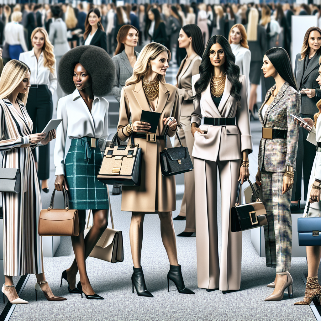 Trade Show Chic: Stunning Outfits for Every Woman An immersive fashion montage that centres around trade show clothing. Picture a busy trade show floor where elegantly dressed women of various descents such as Caucasian, Black, Hispanic, Middle-Eastern, and South Asian are networking. Each woman is wearing a different stylish outfit suitable for a professional setting, such as a well-tailored suit, a chic blouse paired with a pencil skirt, or a sophisticated jumpsuit. Highlight the diversity of fashion and ethnicity, while paying close attention to detail in each ensemble, from contrasting textures and fabrics to accessories such as handbags, shoes and jewelry. There's a keen focus on fashion-forward, business-appropriate attire, emphasizing both comfort and elegance.