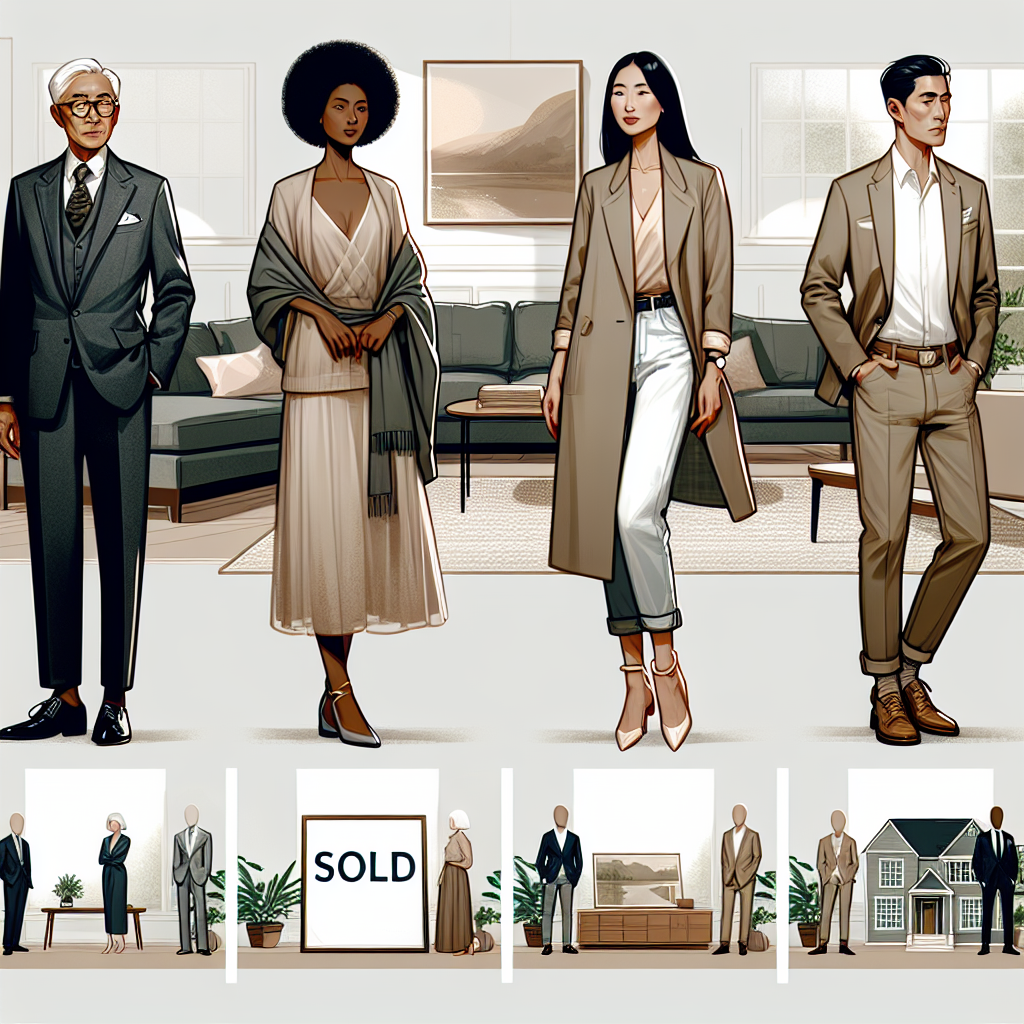 Create a detailed scenario capturing different fashion styles suitable for a house closing event. A mature Asian man in a meticulously tailored, classic charcoal gray suit; an Afro-Caribbean woman in an exquisite, minimalist dress in soft tones, paired with sensible heels; a Middle Eastern couple, the woman in a stylish blazer and jeans combo with chic flats, whilst the man dons a casual yet professional khaki ensemble. The background consists of a tastefully furnished living room, softly lit with a large 'Sold' sign prominently displayed.