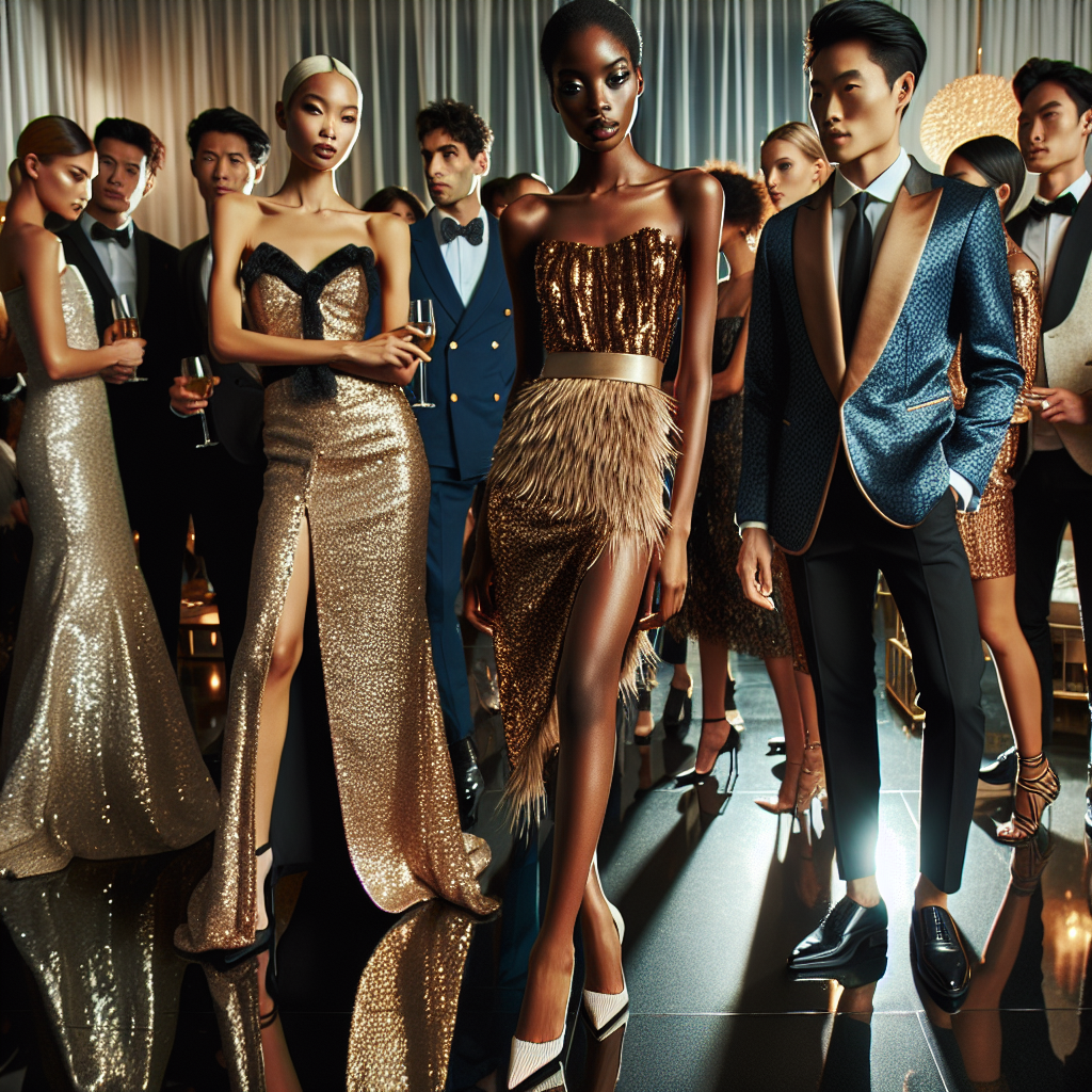A dazzling scene of a cocktail party where individuals are expressing their unique fashion styles. In the foreground, a Black woman dressed in a glamorous gold sequin gown paired with classy high heels shows off her effortless style. To the right, an Asian man exudes confidence in a sophisticated navy-blue tailored suit accessorized with a silk tie. In the background, a diverse crowd mingles sporting attire ranging from elegant evening dresses to edgy and bold suits. The room is bathed in soft, inviting lighting that reflects off the numerous chic and stylish outfits.
