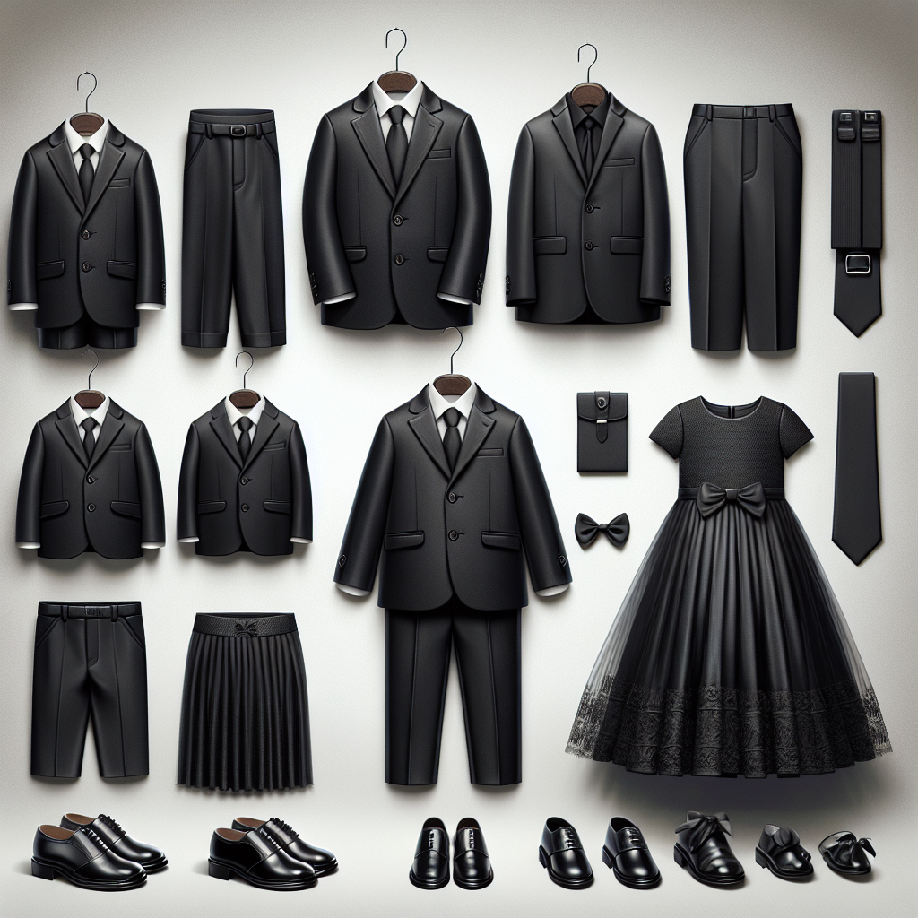 Must-Have Funeral Attire for Children: Elegant & Respectful Visualise an array of respectful and elegant child-sized funeral attire. This includes tailored black suits for little boys consisting of pants, jackets, shirts and ties. For the little girls, long black dresses with delicate lace detailing. Match the outfits with polished black leather shoes. The background can be a soothing grey, imply a somber tone. Also, include some accessories like black leather belts for the boys and black velvet hair bows for the girls. Above all, the attire and the entire scenario should radiate a sense of solemn respectfulness and modesty.