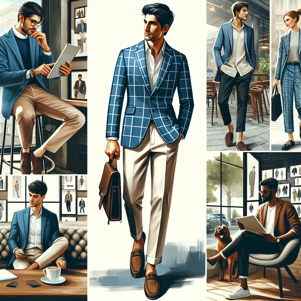 What to Wear with a Blue Plaid Sport Coat: Effortless Style Visualize a fashionable setting that shows examples of what to pair with a blue plaid sport coat for an effortlessly stylish look. Include diverse, real-life scenarios to illustrate the versatility of this piece. Picture one, a South Asian man, sporting a blue plaid sport coat with beige chinos and brown suede loafers while he scrolls through his tablet at a modern coffee shop. Imagine, in another scenario, a Caucasian woman pairing the coat with a crisp white blouse and black slacks, confidently leading a business presentation. Lastly, visualize a Black man wearing the coat with dark denim and casual sneakers, casually strolling in a city park with his dog.