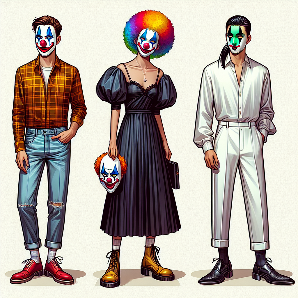 Visualize a fashion guide about clown masks. The first image features a Caucasian male with brown hair presenting a red and yellow clown mask combined with a casual, vibrant-colored outfit, including a checkered shirt and jeans. The second image shows a Middle-Eastern woman with a sleek black ponytail holding a blue and white clown mask paired with a classic black dress and shiny silver accessories. A South-Asian man is exhibiting a green and purple clown mask coupled with a minimalistic all-white ensemble in the third image. They are all standing against a neutral background.