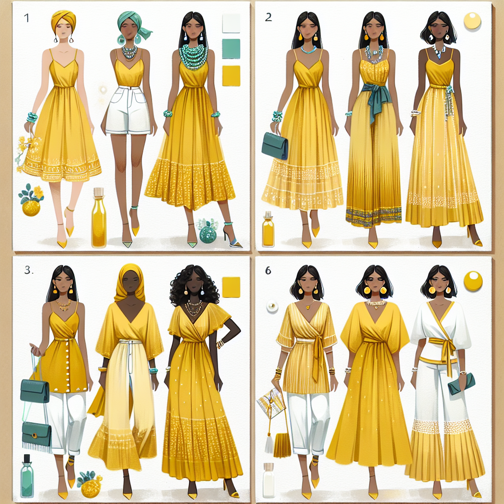 Design a fashion advice collage featuring four different pairings for a yellow dress. The first outfit should feature an East Asian woman in a lemon yellow sundress paired with mint green accessories. The second outfit should depict a Middle Eastern woman in a golden yellow maxi dress styled with deep blue jewellery. The third outfit could show a Black woman in a canary yellow sheath dress complemented with white accessories. The final outfit should feature a Hispanic woman in a mustard yellow wrap dress accessorized with pearl-coloured pieces.