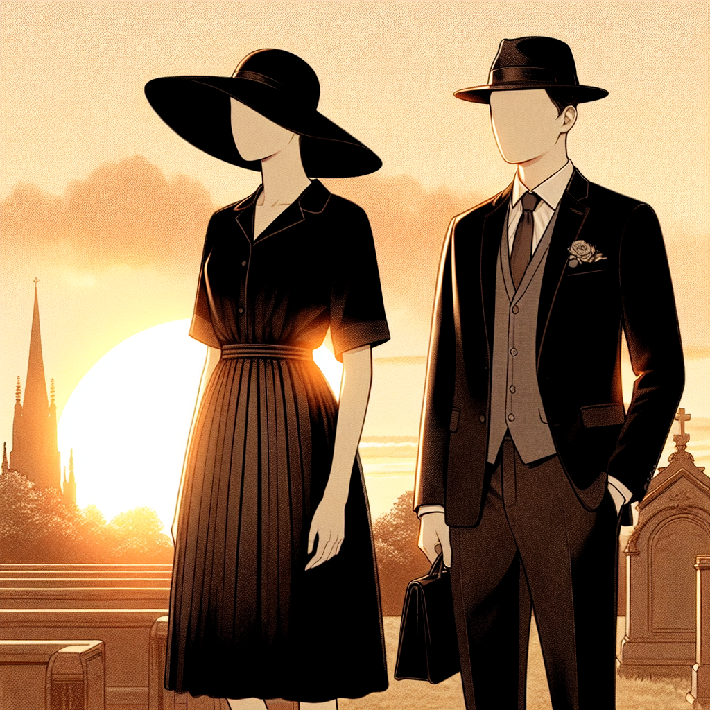 A depiction of an ideal summer funeral visitation attire set against a serene sunset backdrop. Visualize a Black woman wearing a tasteful black knee-length dress coupled with a stylish yet respectful hat, and an East Asian man donning a light-weight black suit with a muted colored tie. The sun, low in the sky, casts a warm glow on their attire, emphasizing the breathable material suitable for summer heat.