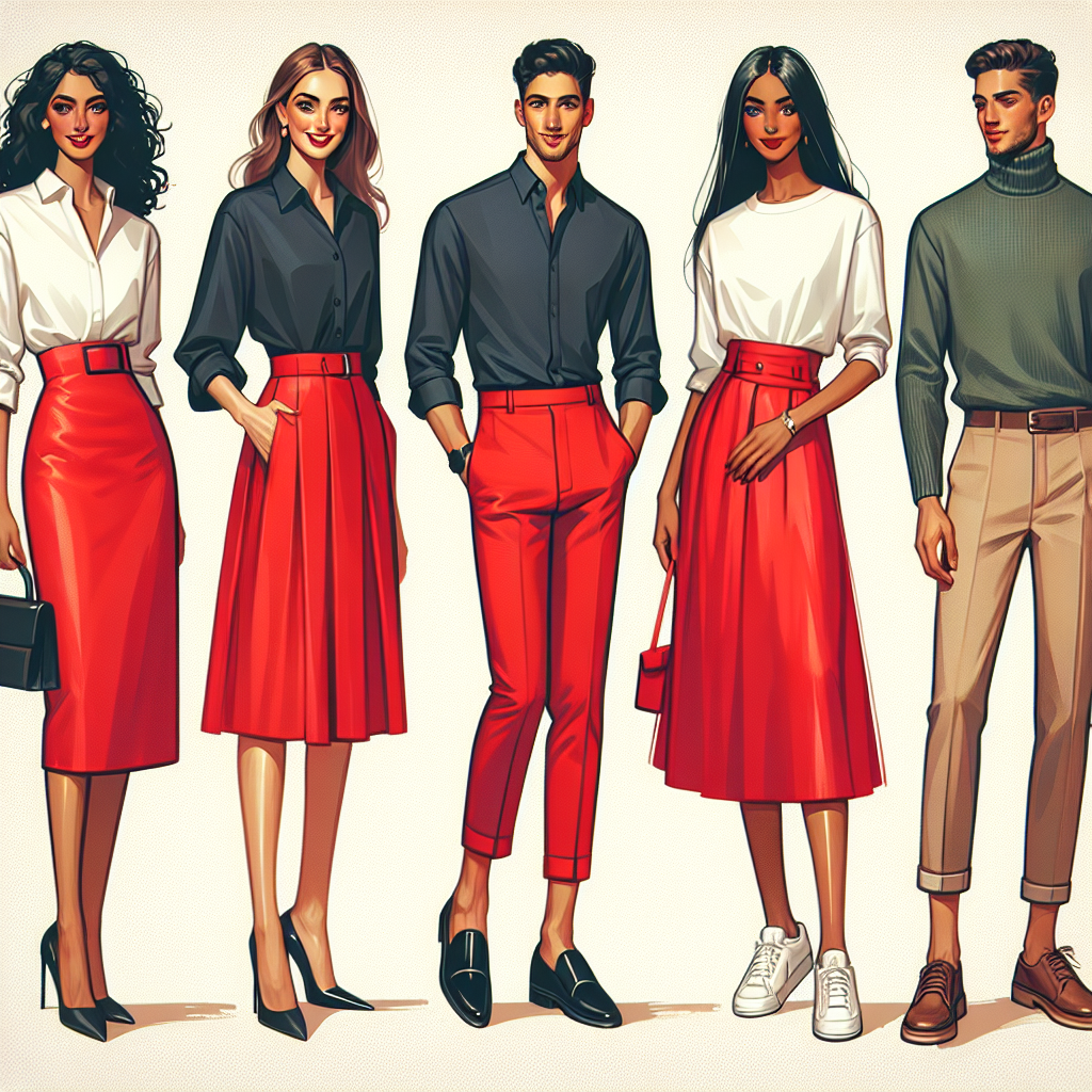 Stunning Outfits for a Red Skirt: Effortless Style Tips A fashion catalog spread showcasing beautiful outfit ideas for a red skirt. Scene includes four different styles. 1) A Middle-Eastern woman dressed in a stylish white button-down top tucked into a bright red skirt, matched with black heels. 2) A South Asian male wearing a sleek dark navy blue shirt with a vibrant red skirt and loafers. 3) A Black woman pairing a red pencil skirt with a casual grey T-shirt and white sneakers. 4) A Caucasian man in a green turtleneck, accessorizing a glossy red skirt with brown boots. Each style exuding a unique and effortless charm.