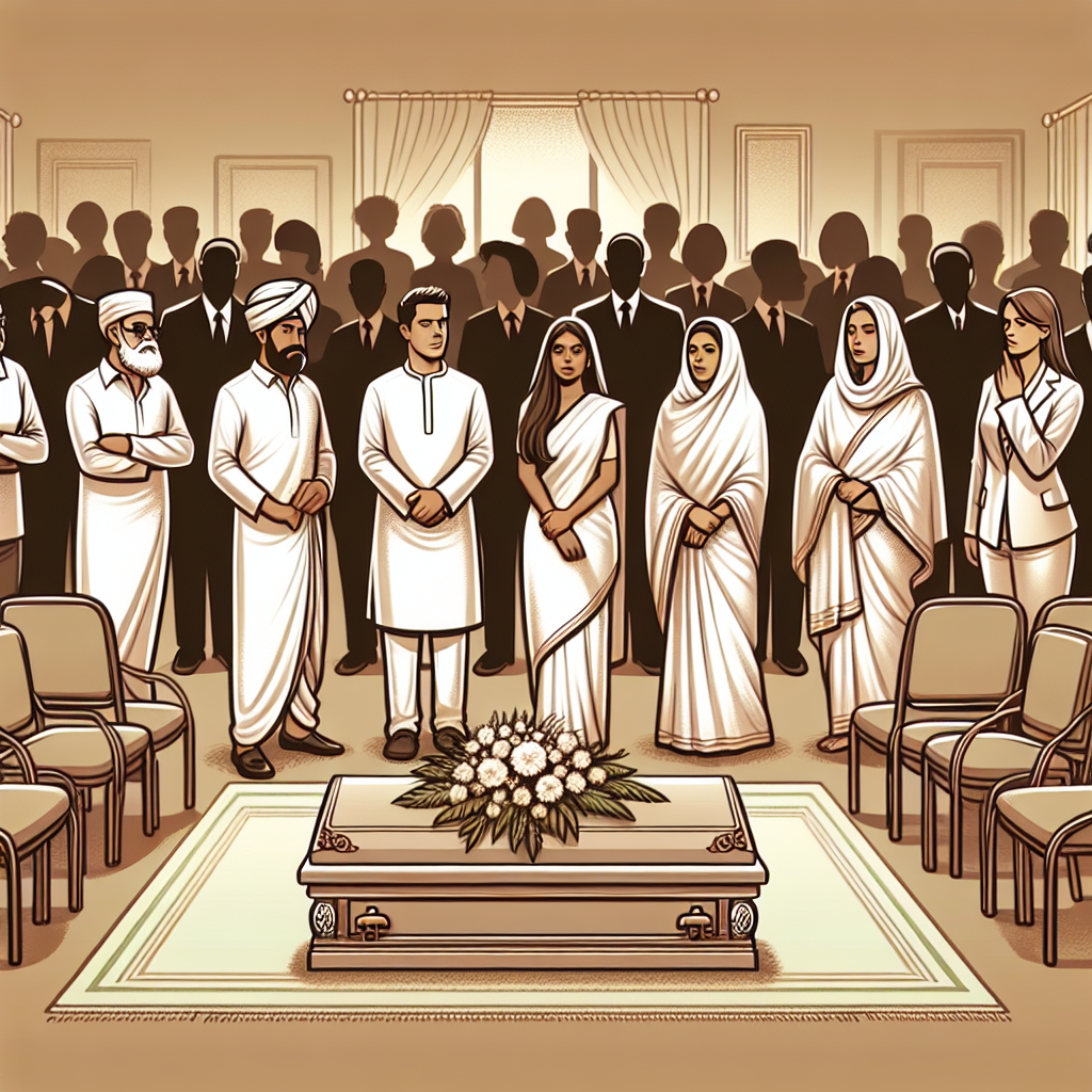 Visualize a scene that represents various traditional Hindu funeral attire in America. Picture a group of grieving attendees, each wearing different but appropriate outfits. Include a South Asian man wearing a white kurta, a Middle-Eastern woman in a white sari, and a Caucasian woman in white western-style attire suitable for a funeral. Emphasize the respect and solemnity of the occasion.