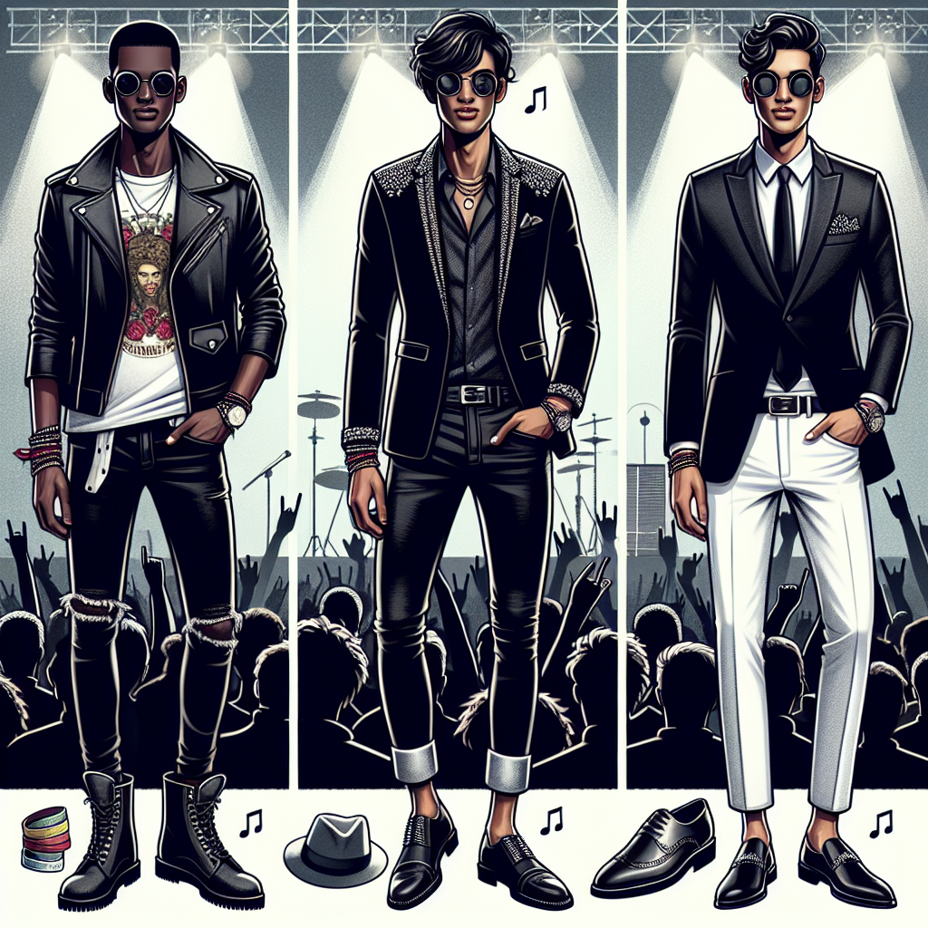 Concert Styles for Men: Exclusive & Effortless Looks A visual presentation of different fashion styles for men at a concert. On one side, depict an effortlessly chic look with a leather jacket, graphic t-shirt, skinny jeans, and black boots. Next to him, showcase a more exclusive look, featuring a trendy tailored blazer with embellishments, a slim-cut black shirt, white trousers, and polished loafers. Make sure to include essential accessories such as chunky wristbands, stylish sunglasses, and a hat. Surround them with an atmosphere implying a lively concert, perhaps with crowd silhouettes, stage lights, and music notes in the air. Please illustrate a diverse range of men, with one being a Black man and the other being a Caucasian man, both appearing to be in their late twenties.