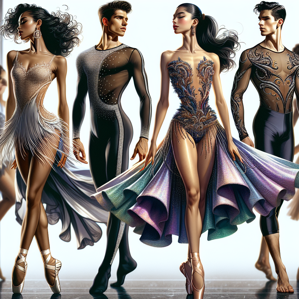 Stunning Outfits for Dance Auditions: Flawless Picks A myriad of dazzling outfits suitable for dance auditions decorate the space. Firstly, we see an elegant yet comfortable leotard worn by a graceful Black female dancer, paired with a flowing, iridescent silk skirt that catches the light with each movement. Next to her, an Asian male dancer sports a modern, sleek unitard that emphasizes his muscular physique and ease of movement. Further, a Hispanic female dancer wears an elaborately beaded, traditional dress that shimmers with cultural richness and beauty. On the end, a spry Caucasian male dancer stands confident in his minimalist attire, emphasizing the drama of his precise movements. The backgrounds are filled with classic dance rehearsal studios to highlight the purpose of these outfits.