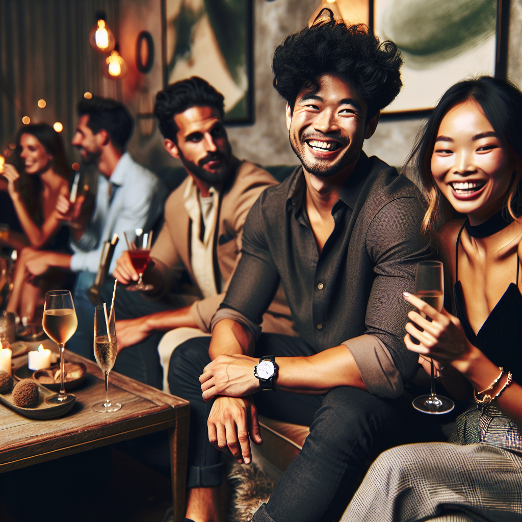 Must-Have Styles: What to Wear to a Bachelor Party Imagine a laid-back gathering of friends. In the foreground, an Asian man and a Black woman sit comfortably. The man is wearing dark jeans, a casual button-up shirt, and a stylish watch. He is laughing while holding a cocktail. The woman is in a chic jumpsuit with delicate jewelry, and is holding a champagne flute. They are surrounded by an atmosphere of merriment with soft lighting, abstract art on the walls, and an array of beverages on a wooden table. Everyone is casually dressed, reflecting an impeccable balance between comfort and style.