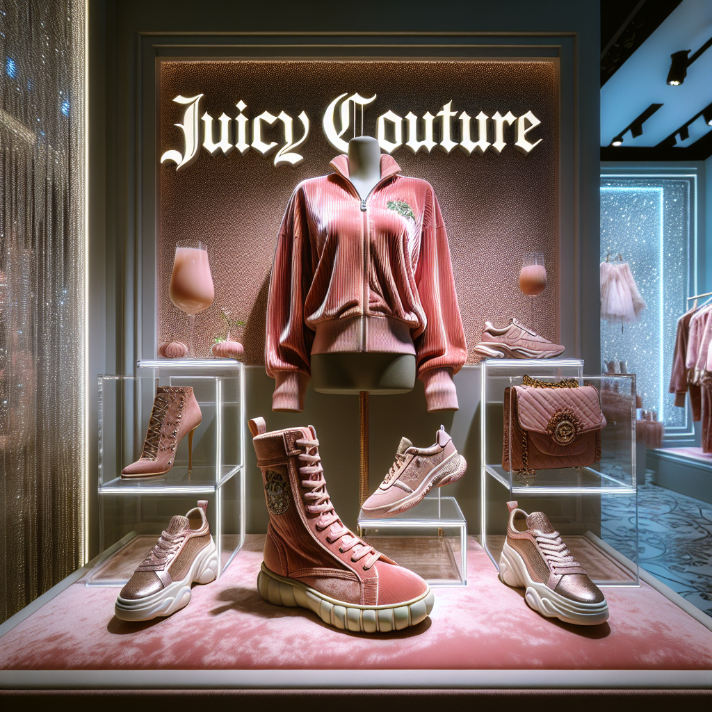 Envision a display featuring fashionable footwear that perfectly complements a Juicy Couture tracksuit. These must-have shoes could range from stylish sneakers, elegant flats to trendy boots. The tracksuit itself is a classic, made of sumptuous velour in a lush pink shade, embellished with the Juicy Couture logo. Both the shoes and the suit are situated on a chic backdrop, possibly a stylish store interior or a dazzling, minimalistic stage. Don't forget to add a touch of glamour with soft, dramatic lighting showcasing the polished shine of the shoes and the comfortable allure of the tracksuit.