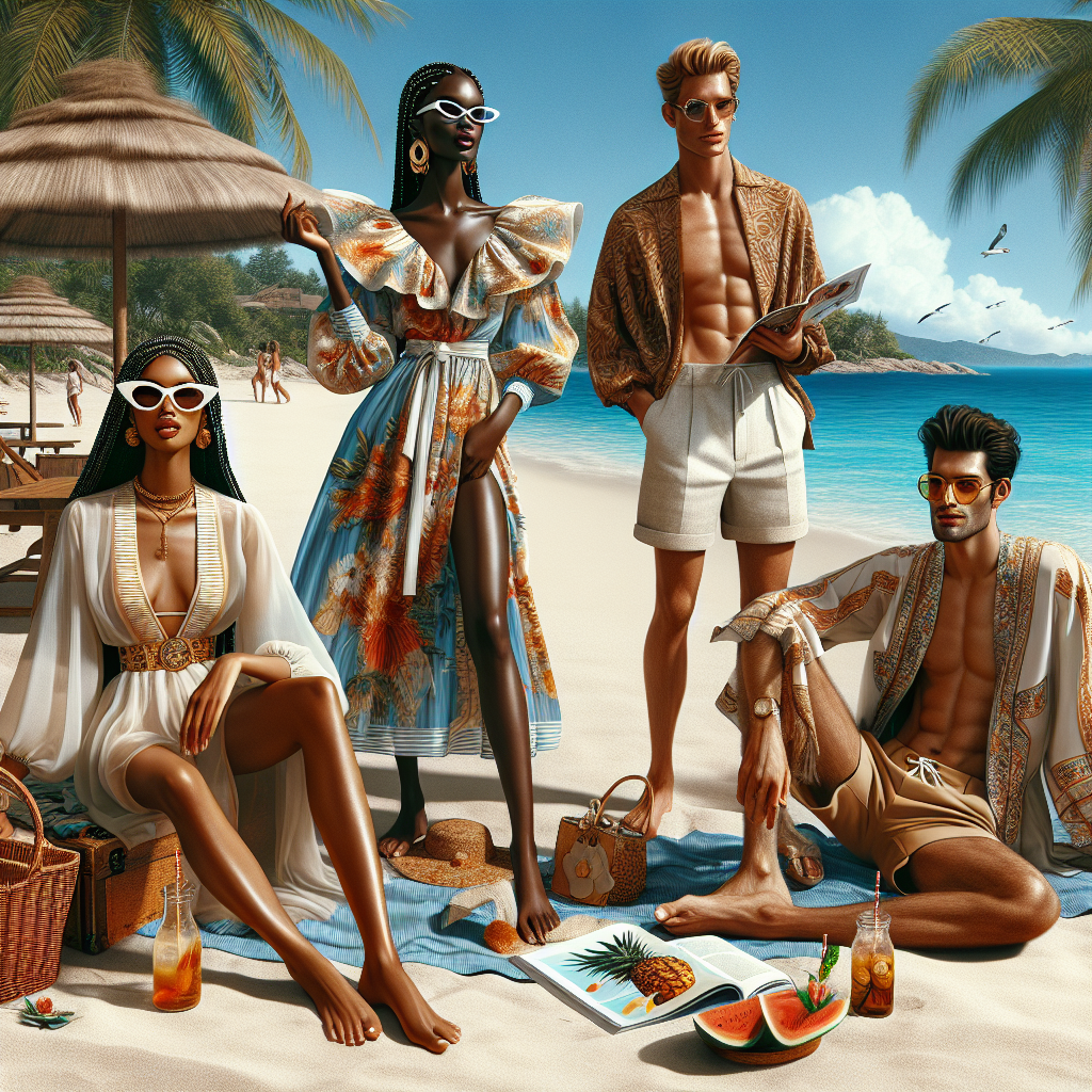Envision a sun-drenched sandy beach, dotted with palm trees and clear blue waters gracefully kissing the shore. On the sand, picture four fashionable individuals enjoying the sun. A black woman, with her hair in cornrows, is rocking a flamboyant, breezy summer dress. Next to her, a Caucasian man in linen shorts and a light cotton shirt is wearing sun glasses and flipping through a magazine. Seated on a blanket is a South-Asian woman wearing a high-waisted bikini coupled with a sheer beach wrap. Lastly, a Hispanic man is enjoying the sun in a fashion-forward beach kimono with large sunglasses. In the background, there's a hint of tropical drinks and a picnic set up.