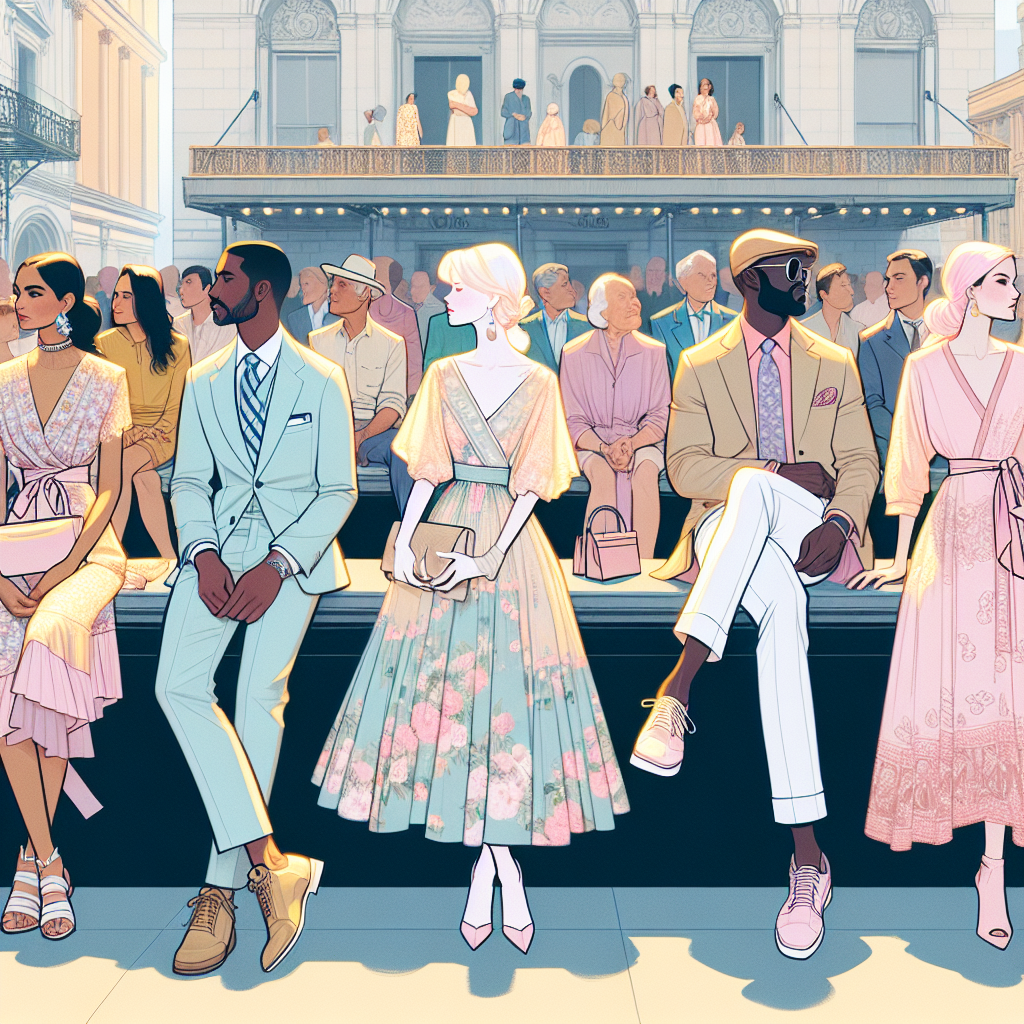 Imagine a setting at a Broadway theatre during Spring. The scene depicts a collection of people dressed in fashionable springtime attire, all eagerly waiting for the show to begin. The palette predominantly reflects pastel hues as the predominant color trend for the season. Habits of dress woven in stylish silhouettes reveal diversity in the crowd. Perhaps, a young South Asian woman dressed in a floral, pastel-colored knee-length dress, a Hispanic man sporting a stylish pastel-blue blazer paired with white chinos, a Middle-Eastern elderly woman beautifully draped in a soft-toned saree, and a Black man fashionably dressed in a pastel pink shirt tucked into a pair of tailored black pants.