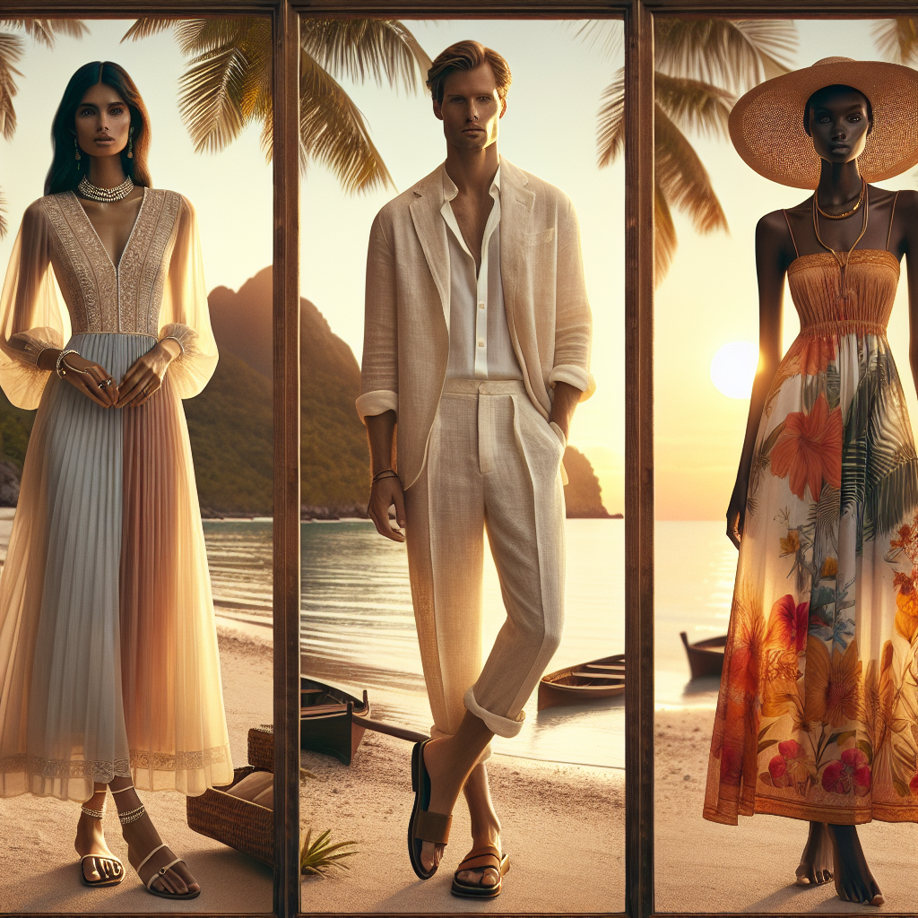 Showcase of must-have outfits for a destination beach wedding. Set in a serene beach environment framed by palm trees and golden sunset, include three different outfits: 1. On the left, present a South Asian woman elegantly dressed in an airy pastel silk saree, accessorized with delicate sandals and pearl jewelry. 2. In the center, depict a Caucasian man in a relaxed linen suit, complete with unbuttoned shirt and loafers. 3. On the right, feature a Black woman in a flowing sun dress of vibrant tropical colors, augmented with a statement sun hat and minimalist gold accents.