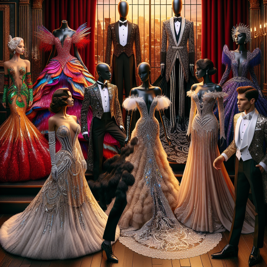 Stunning Outfits for Broadway Shows & Black Tie Weddings An elaborate visualization of stunning outfits designed specifically for Broadway shows and black tie weddings. The scene showcases a feminine individual of Caucasian descent and a masculine individual of Black descent wearing vibrant, high-fashion Broadway costumes detailed with sparkling sequins, expressive colors, and dramatic silhouettes. Juxtaposed with them, another feminine individual of Hispanic descent and a masculine individual of South Asian descent are dressed in exceptionally formal black tie wedding attire, displaying extravagance in their sleek, classic tuxedo and stunning floor-length evening gown. The setting is sophisticated and theatrical, skilfully reflecting the alluring charm of both Broadway and grand weddings.