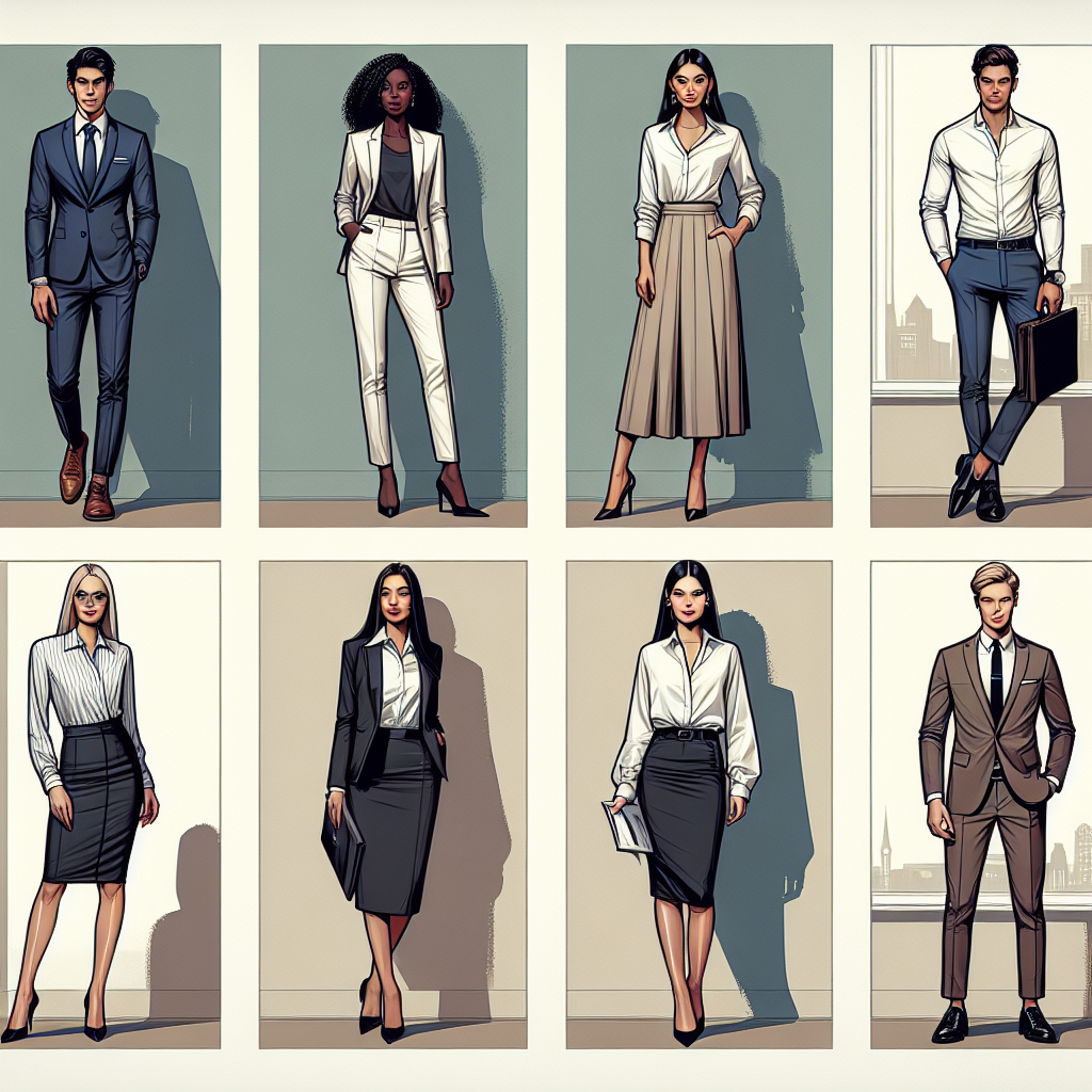 Create a collage of six different individuals displaying stunning outfits suitable for job orientations. On one side, depict a Middle-Eastern man in a well-fitted suit and a Black woman in a business-casual dress. In the center, visualize a Hispanic woman donning a power suit and a South Asian man wearing a smart casual outfit. On the other side, portray a Caucasian woman in a classy midi skirt and shirt, and a White man in a slick turtleneck paired with formal trousers. Each clothing item should represent effortless style and professional elegance.