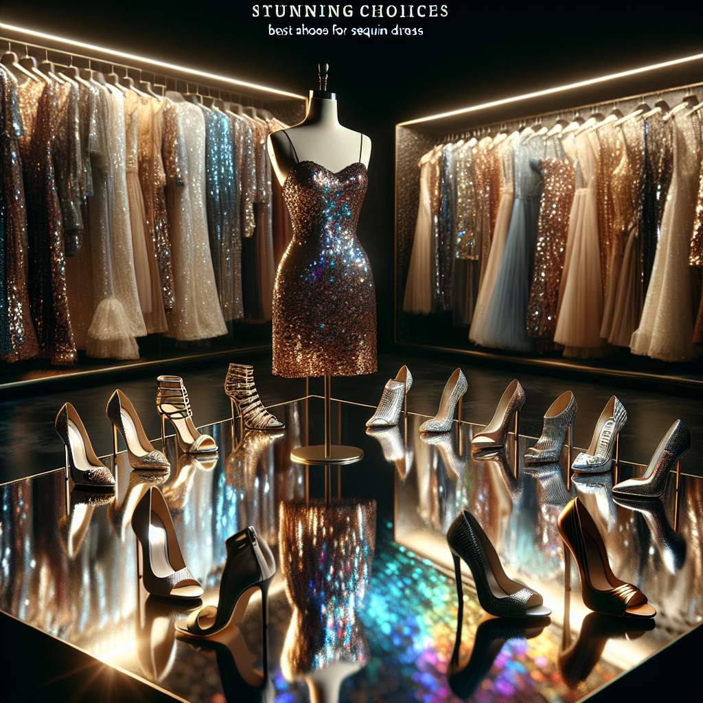 Imagine a luxurious setting. In the foreground is a display featuring a wide array of high-heeled shoes in various colors and designs: cutouts, peep toes, strappy, and glimmering ones. They are all beautifully arranged in rows, placed on a glossy table reflecting their iridescent surfaces. Towards the back is a shimmering sequin dress hung up majestically, catching and bouncing off the light spectacularly. It has an elegant and snug fit around the bodice that leads to a gently flared, knee-length hem, giving it a classic, timeless look. The setting creates an atmosphere of elegance and glamour, worthy for picking out the perfect footwear for any radiant sequin dress. This narrative unveils the 'Stunning Choices: Best Shoes for Sequin Dress'.