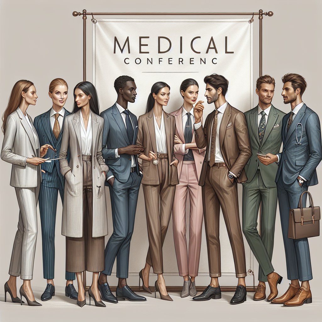 A multi-ethnic group of medical professionals, male and female, gathered at a sophisticated conference. They are dressed in chic professional attire that embodies an effortless style: the women in tailored suits of various hues with tasteful accessories, the men in paired blazers and slacks, subtly patterned ties adding a dash of personality. They stand conversing near a banner that reads 'Medical Conference' in classy cursive letters. Create a balance of nuanced earth tones in the background to evoke a professional yet inviting atmosphere. Please depict the scene in a realistic style.