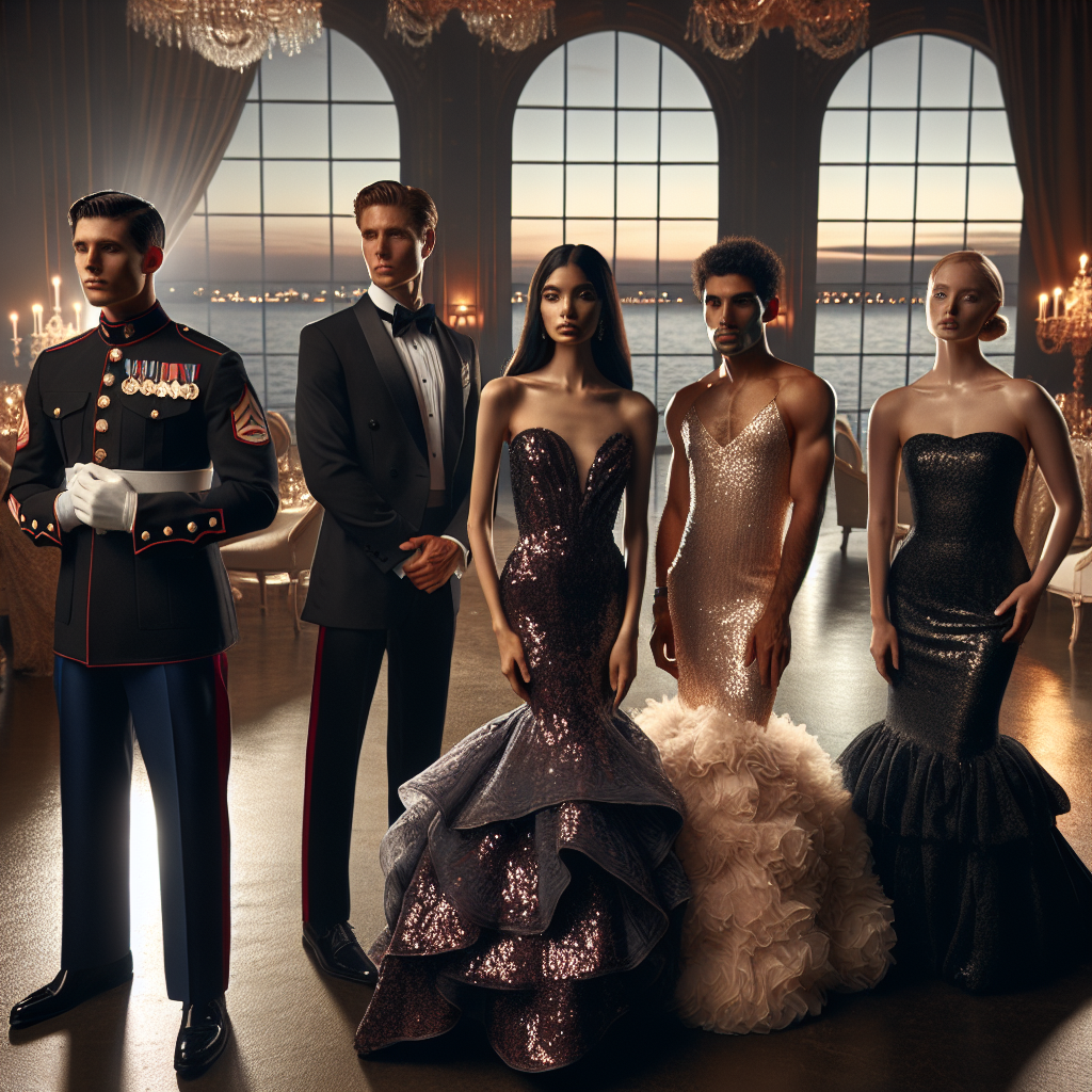 Marine Ball Elegance: Find Your Stunning Look An elegant scenario set in an upscale Marine Ball. Picture a dimly lit ballroom with opulent decor, overlooking a calm ocean at dusk. In the foreground, a diverse set of individuals attend the function in stunning attire. A Caucasian woman wearing a striking mermaid-style gown covered in sequins, a Hispanic man in a traditional Navy dress uniform, a Black woman exuding grace in a silk ruffled gown, and a Middle Eastern man looking dashing in a formal black tux. Emphasize the elegance, camaraderie and bond among these servicemembers.