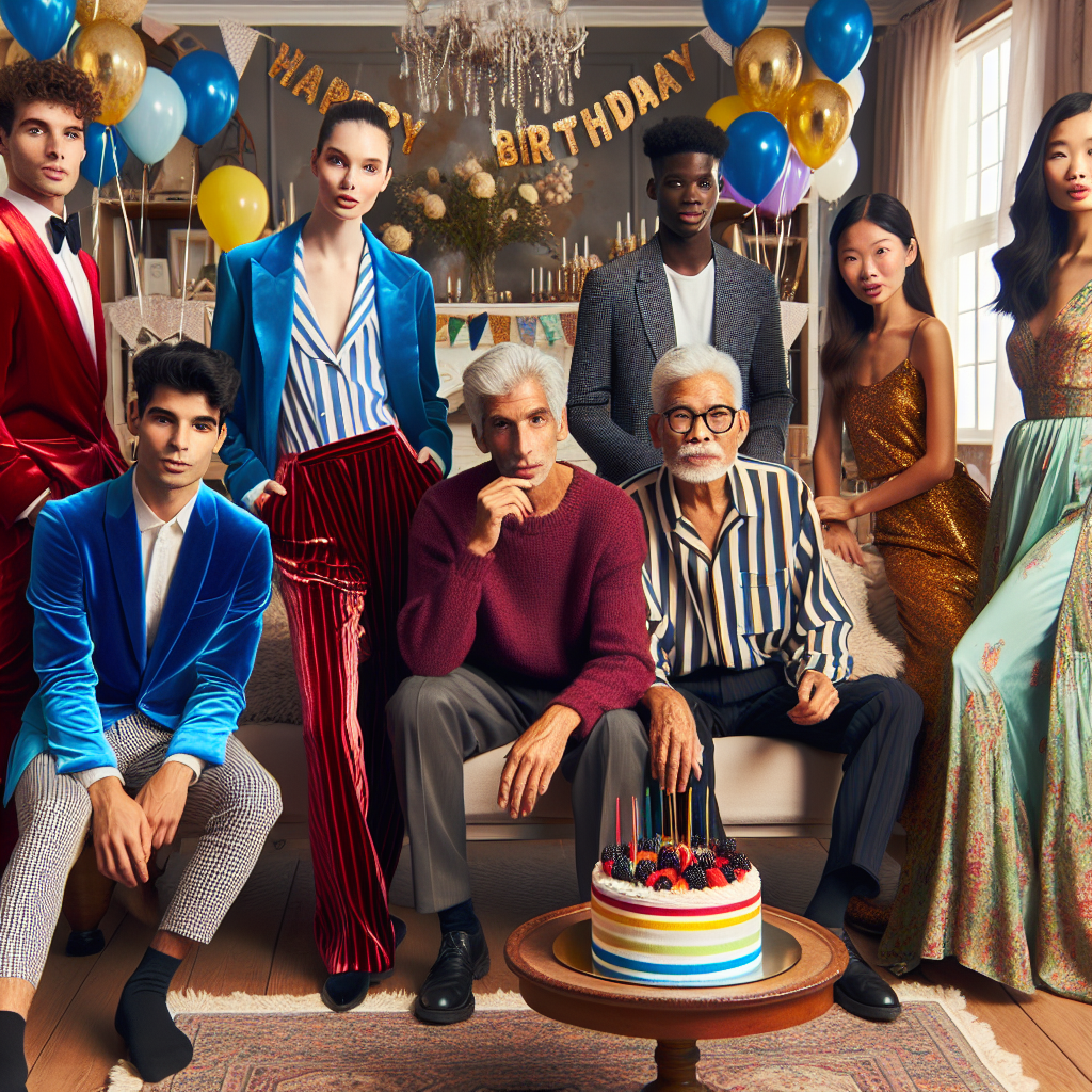 Create an image that features six people of diverse backgrounds gathered in a lavishly decorated home. Have each person different: a young Caucasian male wearing a bright blue velvet suit; a Middle-Eastern female donned in a ruby-red silk dress; an elderly Hispanic male showcasing a stylish monochrome black ensemble; a South Asian female flaunting a pastel-themed jumpsuit; a Black male in a yellow and white striped shirt with navy blue trousers; and an Asian female adorned in a flowy green and gold traditional attired. The living room is festively decorated with multicolored balloons, streamers, and a large cake on the centerpiece table under a banner that reads 'Happy Birthday'.