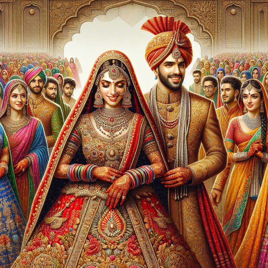 Stunning Indian Wedding Outfits: Effortless Elegance An elaborate visualization of an Indian wedding scene. In the center, a couple, the bride appearing in a traditional red lehenga with golden embroidery, intricate henna designs on her hands and arms, and a radiant smile. The groom is in a golden sherwani with elaborate embroidery, a red turban, and a string of pearls. They are surrounded by festively dressed guests, with the women in multicolored sarees and men in kurta-pajamas, all reflecting the cultural diversity and incredible craftsmanship of Indian wedding outfits.