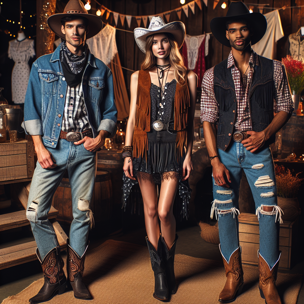 Envision a lively scene that captures various cowboy party styles. On the left, a Caucasian male wearing traditionally western attire, complete with a wide-brimmed hat, denim jacket, and cowboy boots. In the centre, a Middle-Eastern woman dons a modernized cowboy outfit, with a stylish leather vest, high-waisted jeans, and a pendant necklace. On the right, a Black male in a mix of old and new cowboy styles - a fringe jacket and a contemporary bandana print shirt, a pair of raw denim jeans and classic brown cowboy boots. The background is festive, with rustic decorations and warm lighting.