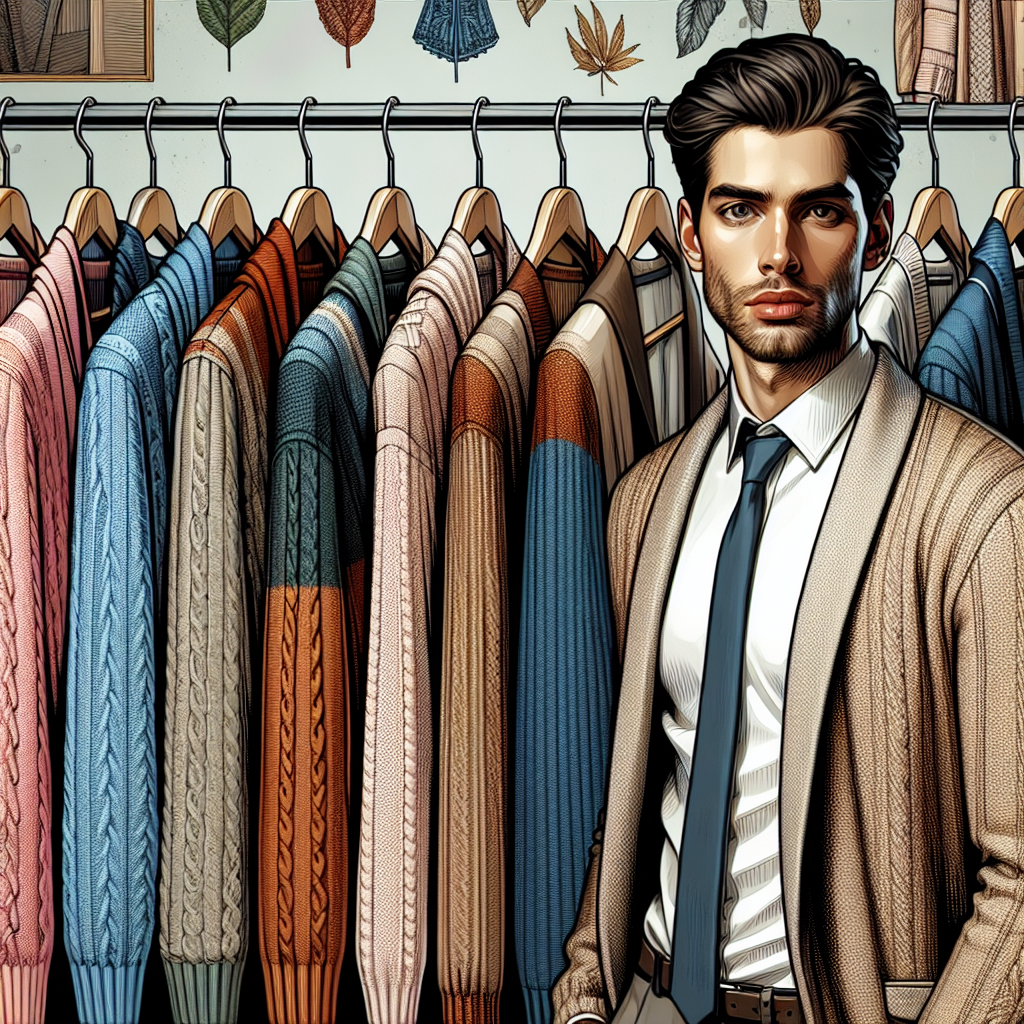 Create a detailed and appealing image showcasing a variety of essential cardigans for achieving an effortless style in interview scenarios. In the picture, depict a spectrum of cardigans draped on hangers against a neutral background. Show an array of colors, patterns, and fabrics that work well in professional settings. Include a variety of styles such as shawl collar, crew neck, V-neck, and open front. Additionally, portray a male model of Hispanic descent and a female model of South Asian descent, each elegantly adorned in one of these cardigans to illustrate its potential when paired with the right outfit.