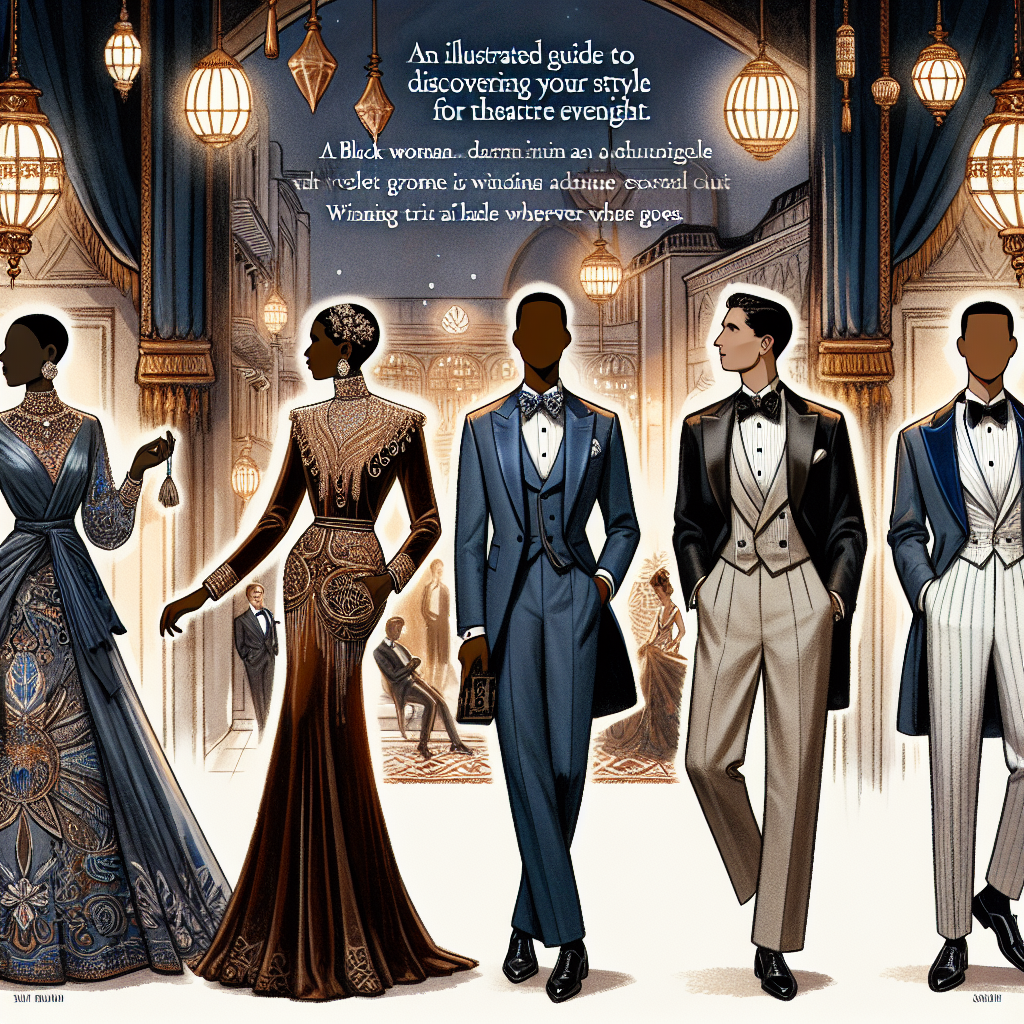 Imagine an elegant setting, a night at the theatre. A Black woman dressed in an ornate velvet gown stands aglow under the antique lanterns. Elsewhere, a South Asian man in a sophisticated tuxedo is winning admiring glances. A Middle-Eastern lady in a silk blue suit leaves a trail of awe wherever she goes. In another scene, a White man in a beautifully tailored three-piece suit exudes class. These theatrically inspired outfits bespeak panache and individuality, embodying the spirit of a thrilling theatre evening. An illustrated guide to discovering your style for theatre evenings.